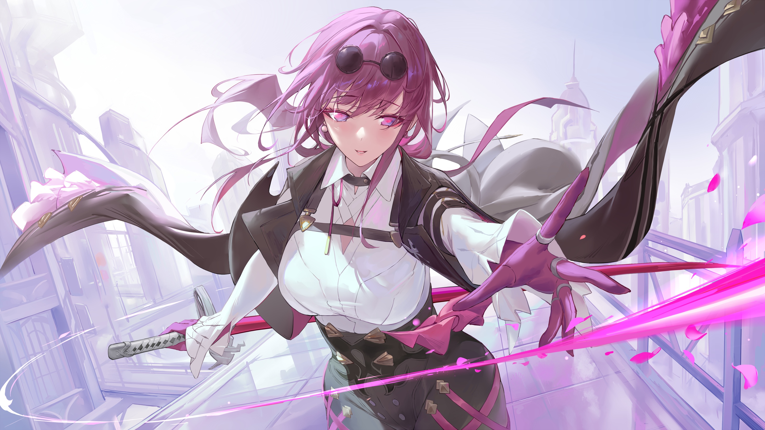 Anime 3200x1800 anime anime girls Kafka (Honkai: Star Rail) Honkai: Star Rail long hair purple hair purple eyes earring looking at viewer sword weapon arms reaching building petals gloves cellphone