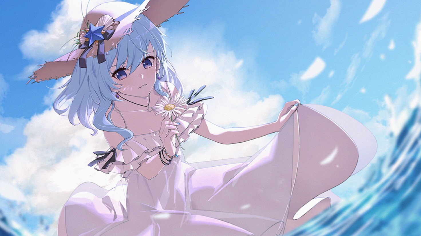 Anime 1471x827 anime anime girls blue hair blue eyes Hoshimachi Suisei Hololive Virtual Youtuber necklace dress water sky clouds looking at viewer flowers bracelets lifting dress