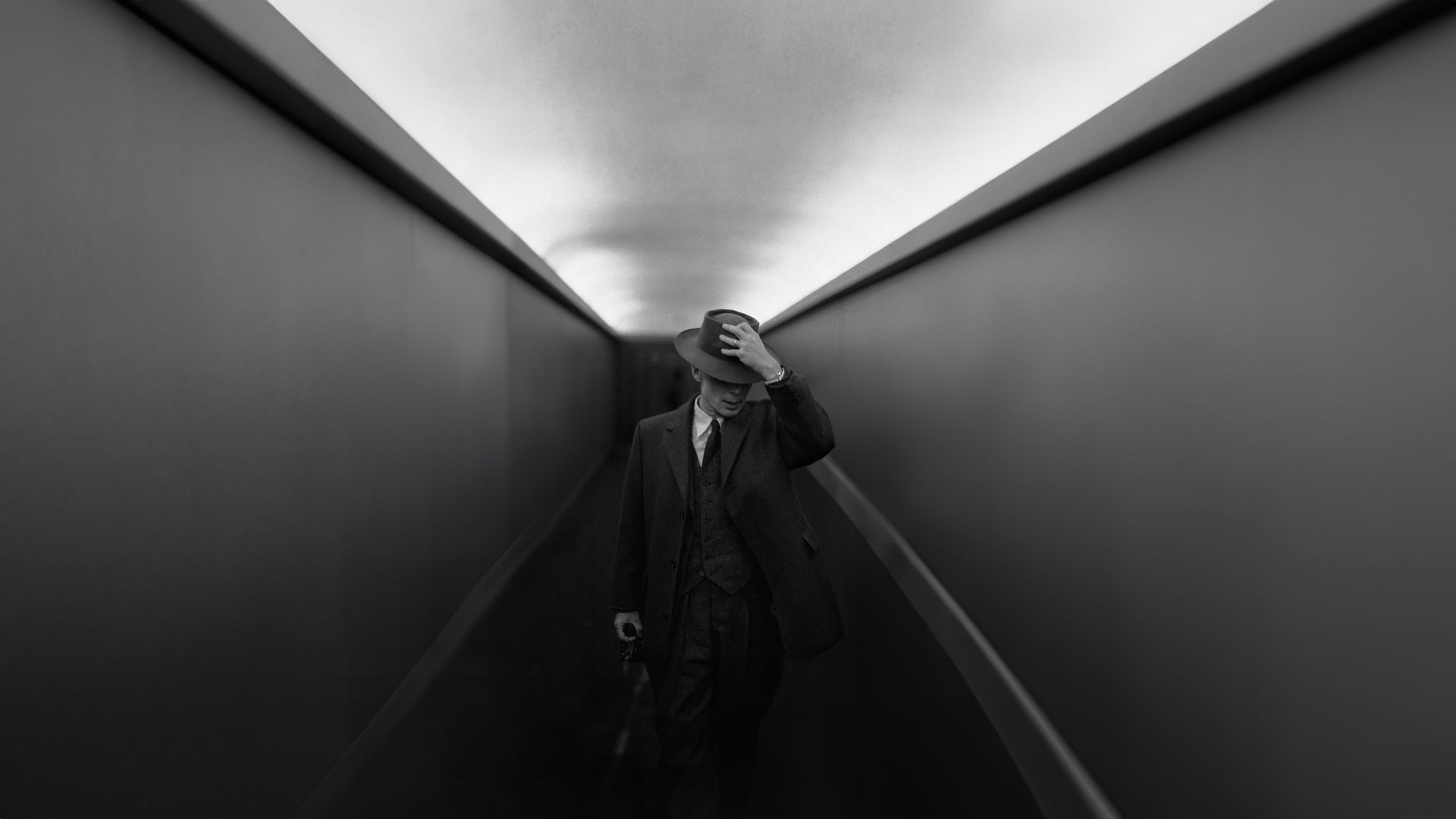 General 1920x1080 J. Robert Oppenheimer Oppenheimer (2023) hat monochrome men suit and tie standing film stills Cillian Murphy hallway