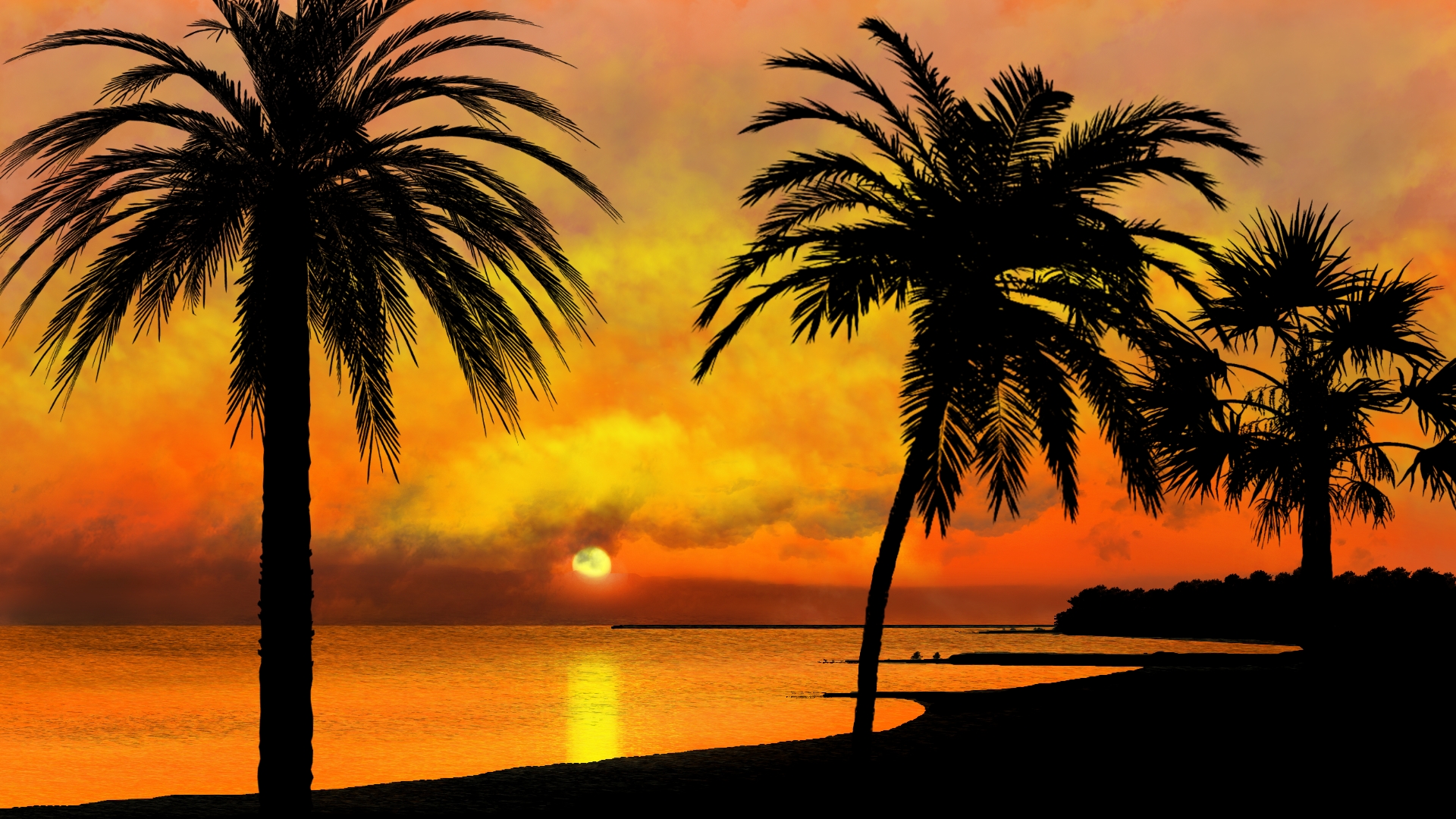 General 1920x1080 digital art nature landscape beach tropical sunset sunset glow palm trees sky clouds Sun water silhouette