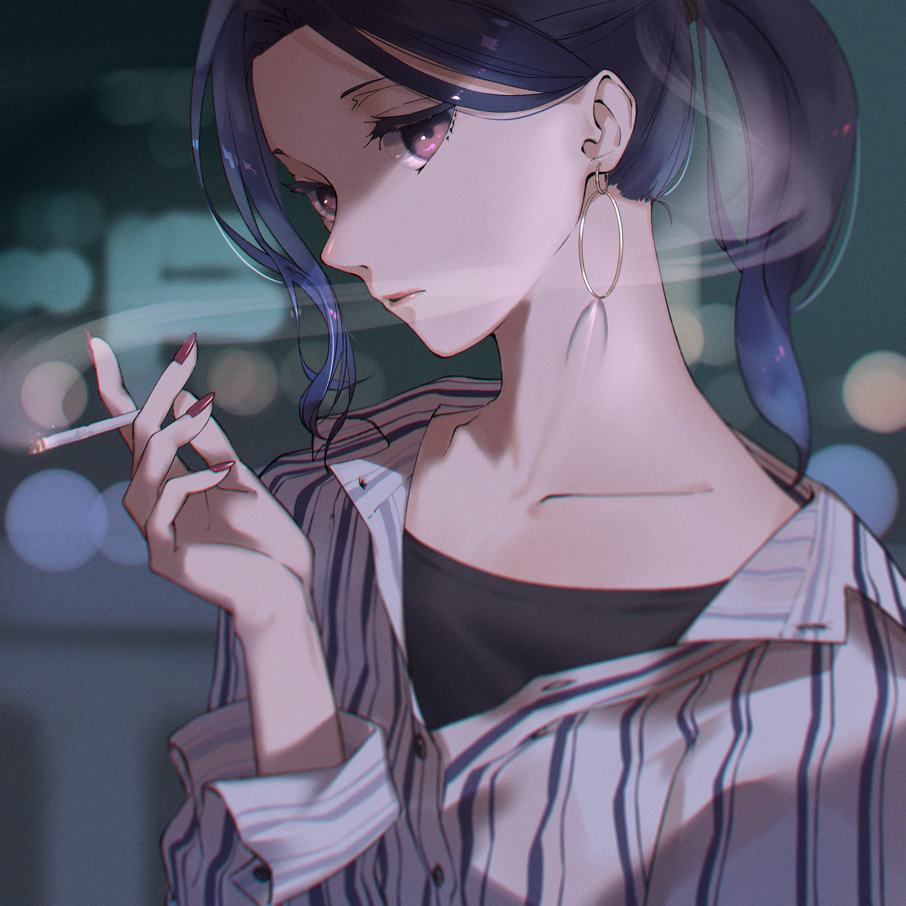 Anime 3000x3000 anime girls ponytail cigarettes smoking blue hair earring