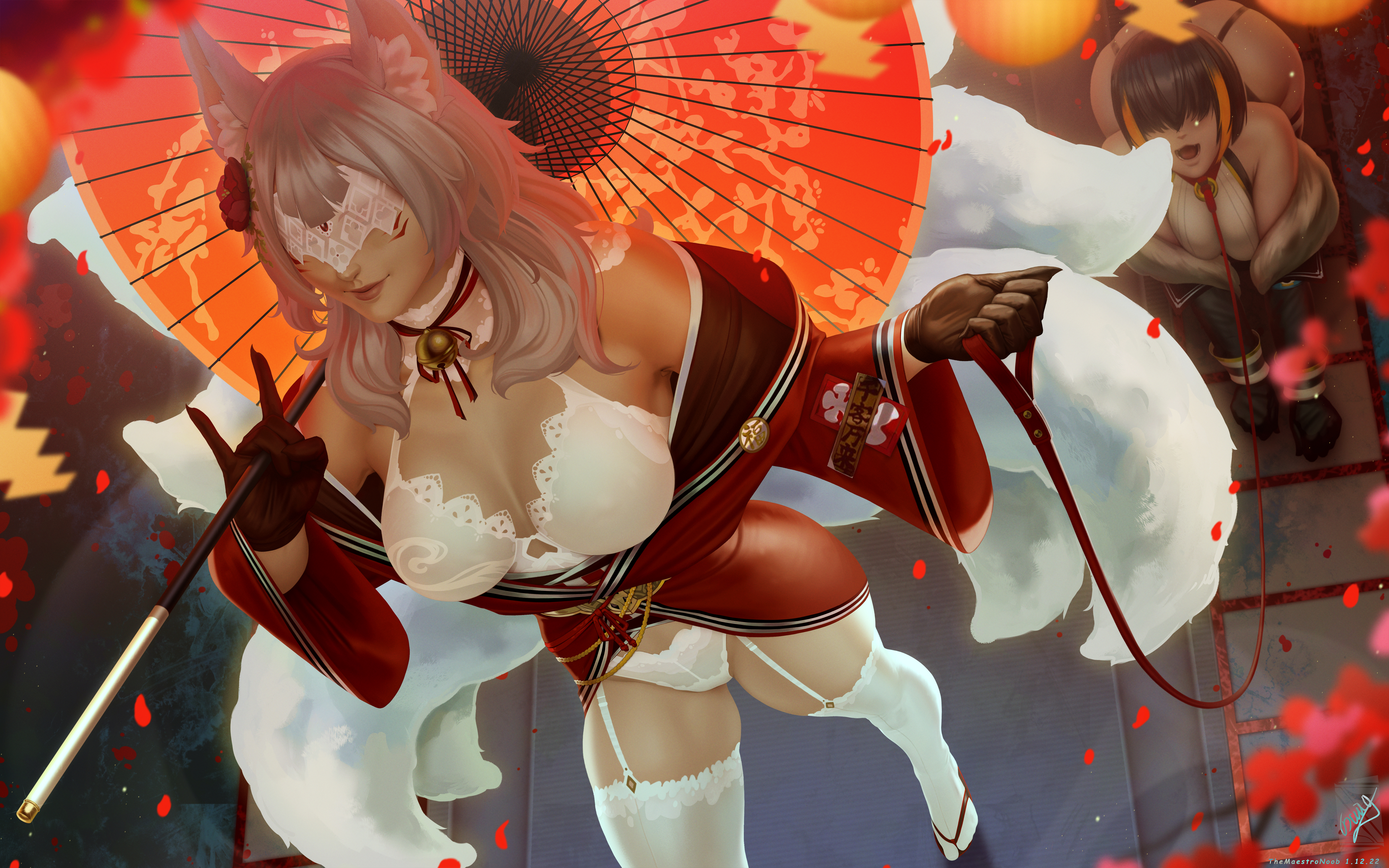 Anime 6000x3750 Nina Kosaka Virtual Youtuber anime anime girls fox girl umbrella kimono lingerie blindfold 2D artwork drawing fan art TheMaestroNoob bra panties garter straps straps gloves petals Nijisanji