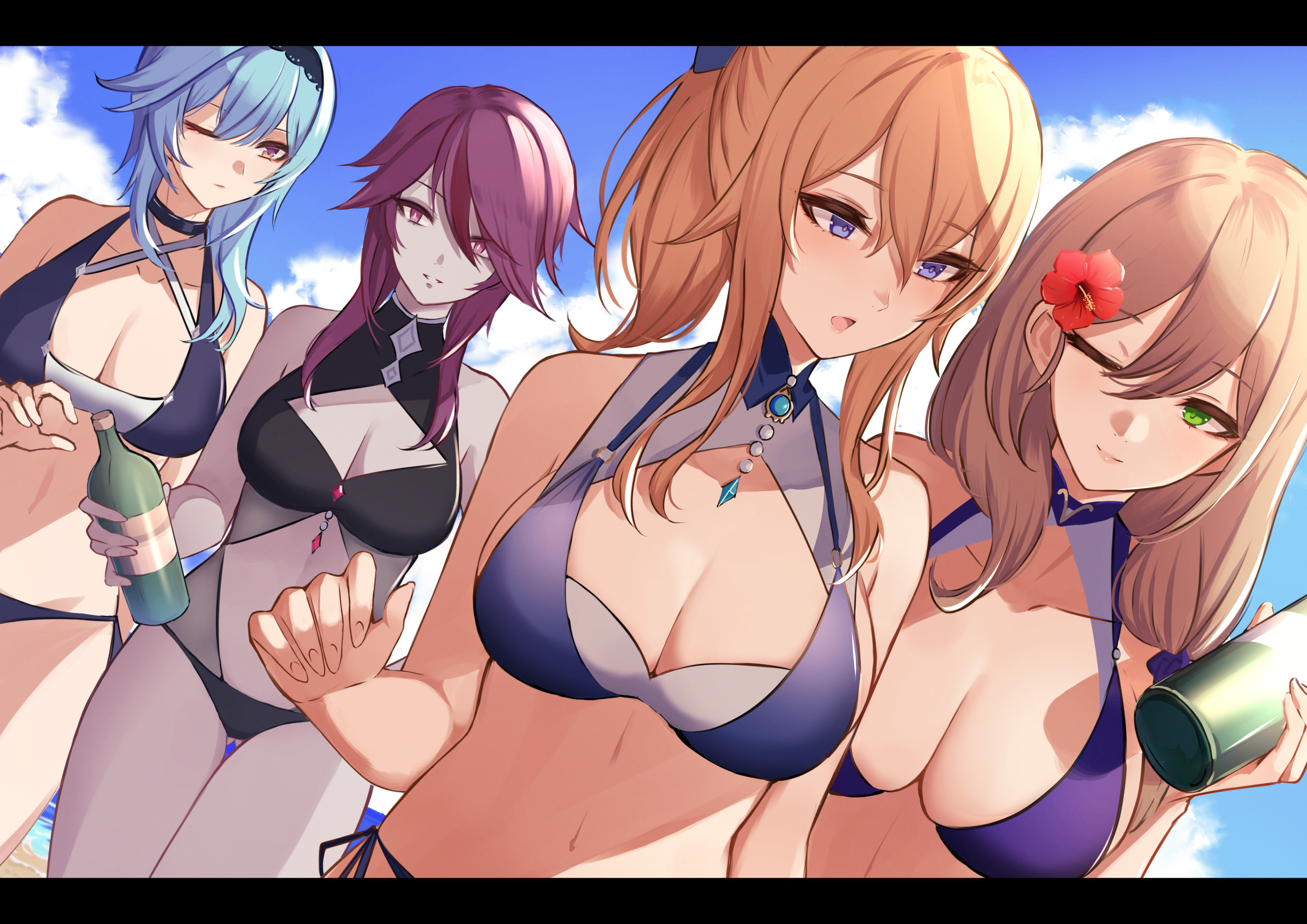 Anime 3142x2222 anime girls anime Eula (Genshin Impact) Rosaria (Genshin Impact) Lisa (Genshin Impact) Jean (Genshin Impact) Genshin Impact bikini cleavage women quartet hibiscus cleavage cutout flower in hair flowers group of women clouds one eye closed