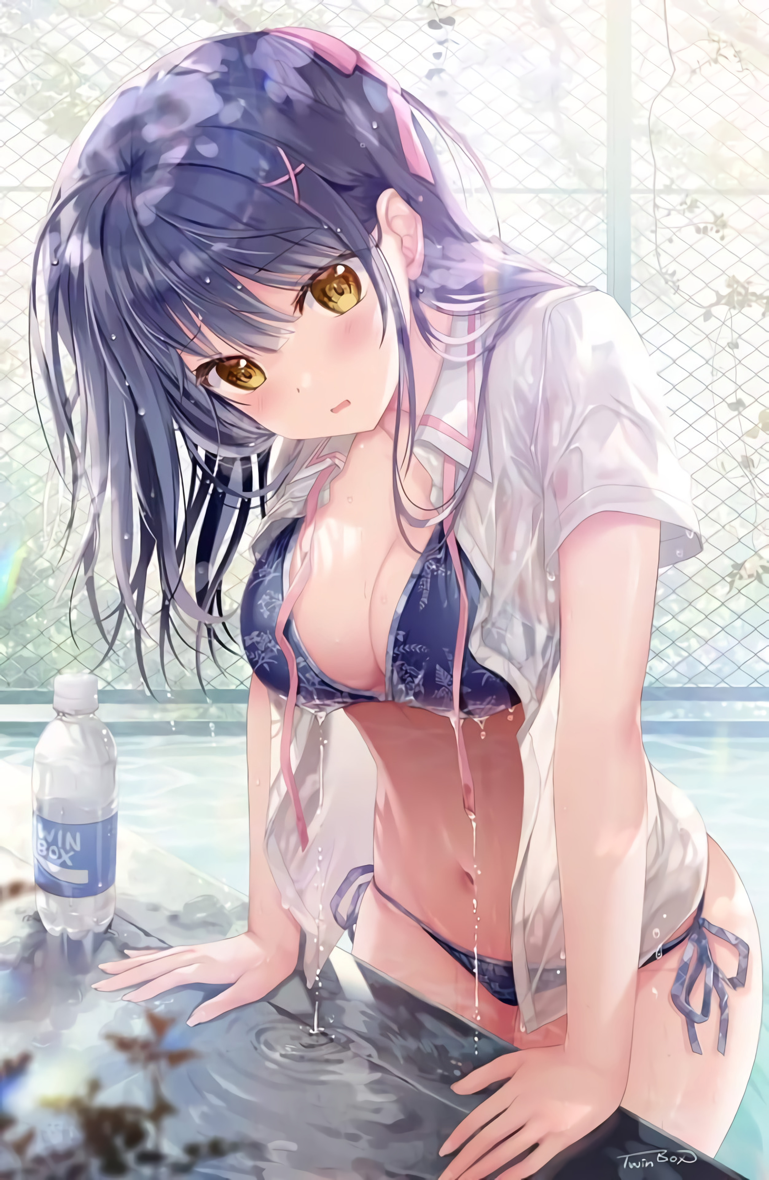Anime 2504x3840 anime anime girls bikini wet body wet clothing dripping purple hair yellow eyes water bottle open shirt wet