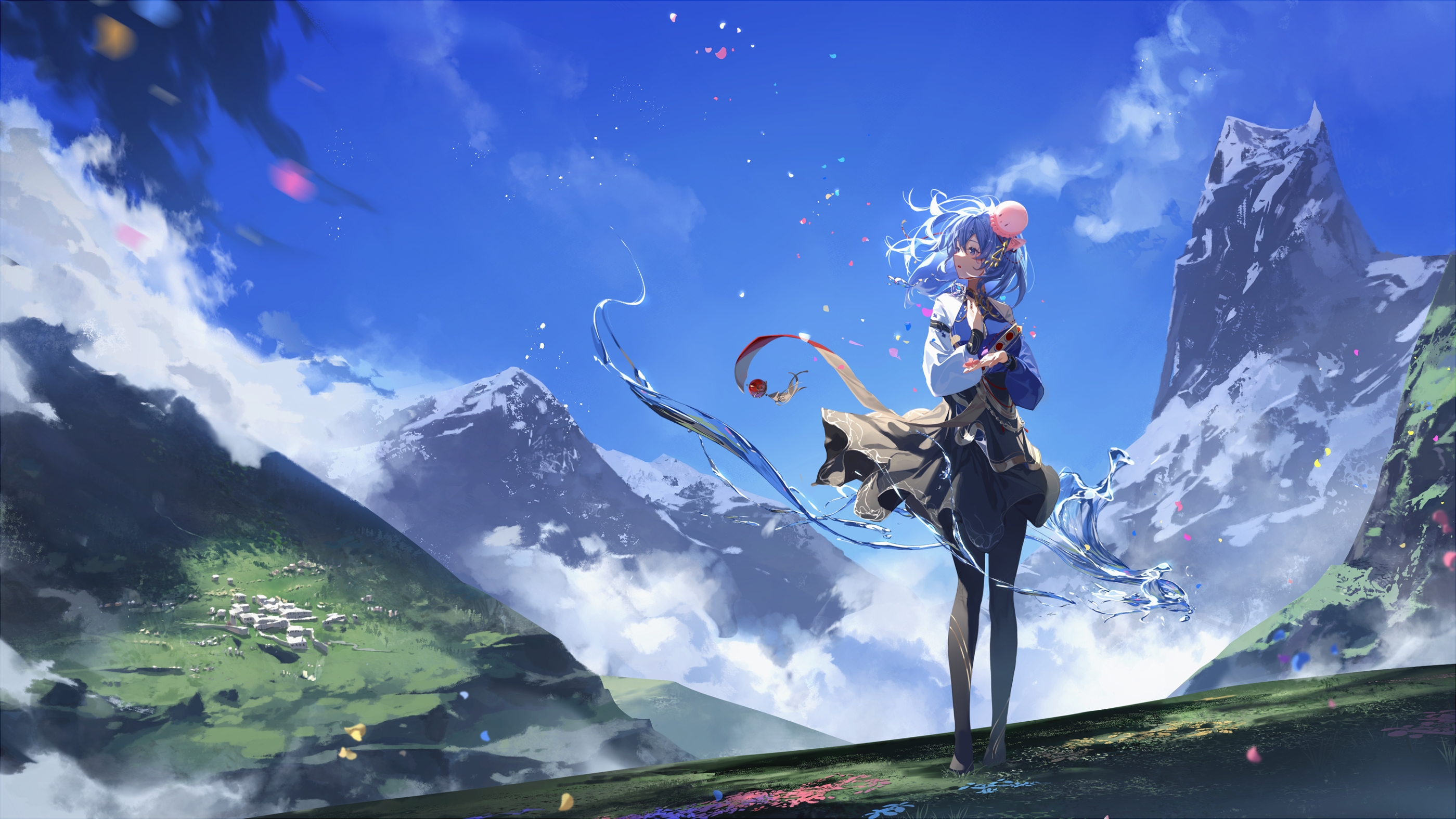 Anime 2799x1575 anime anime girls haiyi clouds mountains blue hair thigh-highs grass clear sky snow