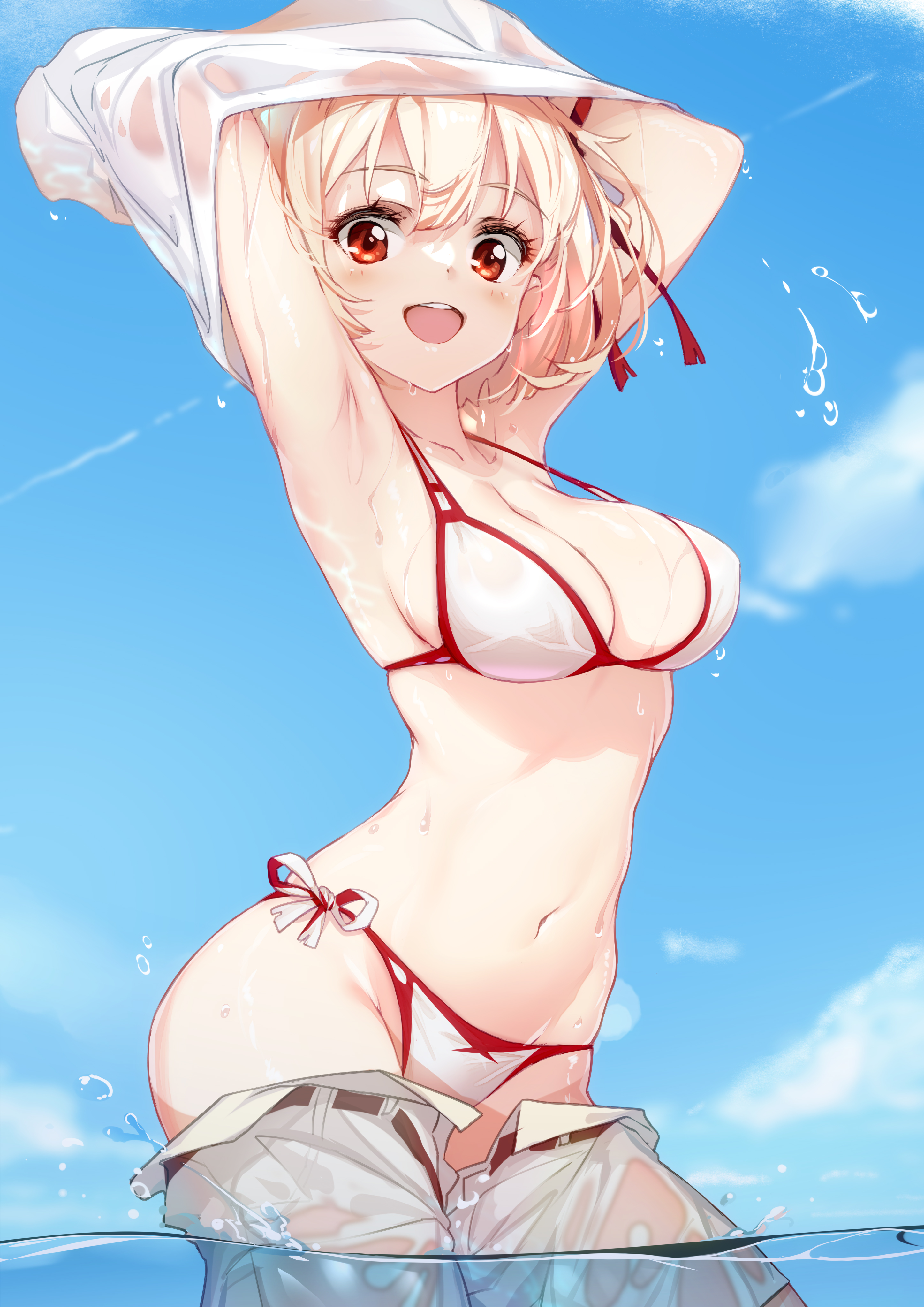 Anime 2894x4093 anime anime girls bikini Lycoris Recoil Nishikigi Chisato big boobs wet body wet water standing in water blonde red eyes wet clothing armpits