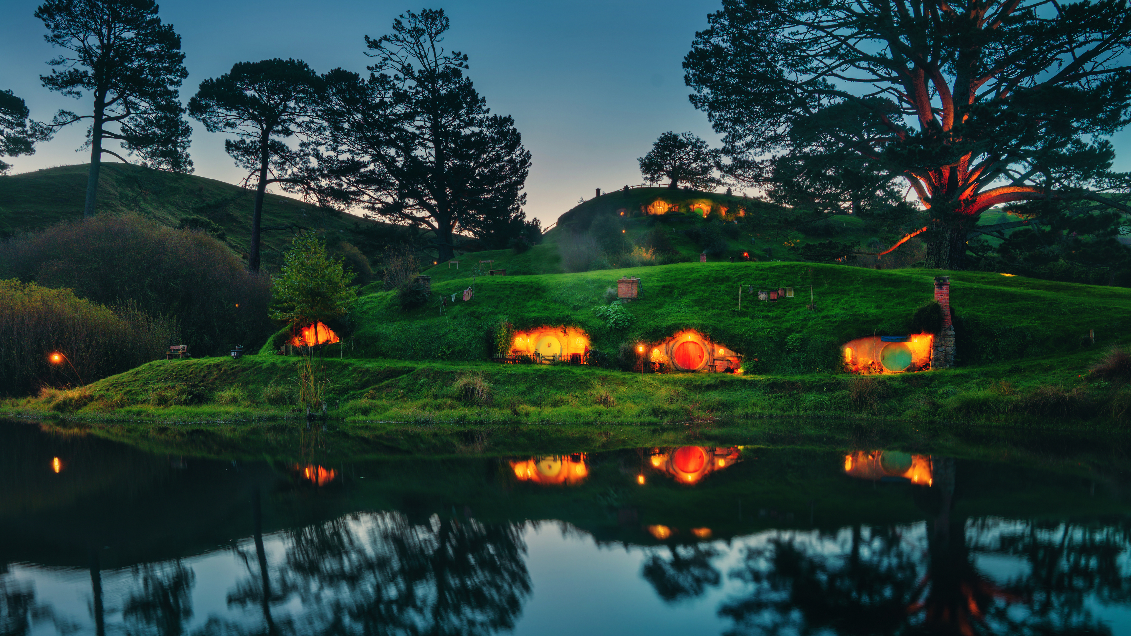 General 3840x2160 Trey Ratcliff photography landscape 4K New Zealand nature Hobbiton water reflection grass The Shire The Lord of the Rings J. R. R. Tolkien