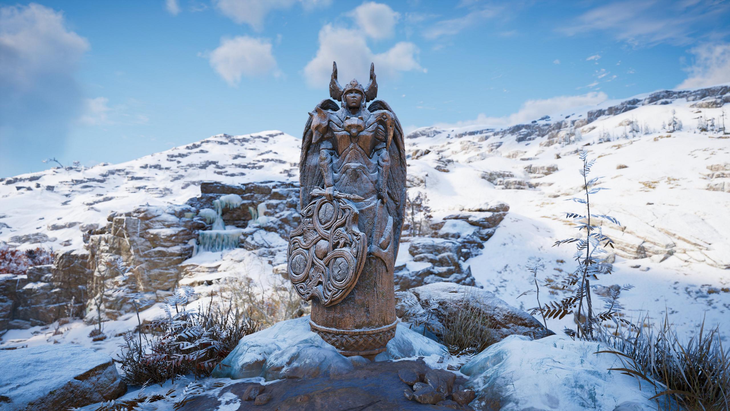 General 2560x1440 Assassin's Creed: Valhalla HDR video games CGI snow statue clouds rocks Ubisoft