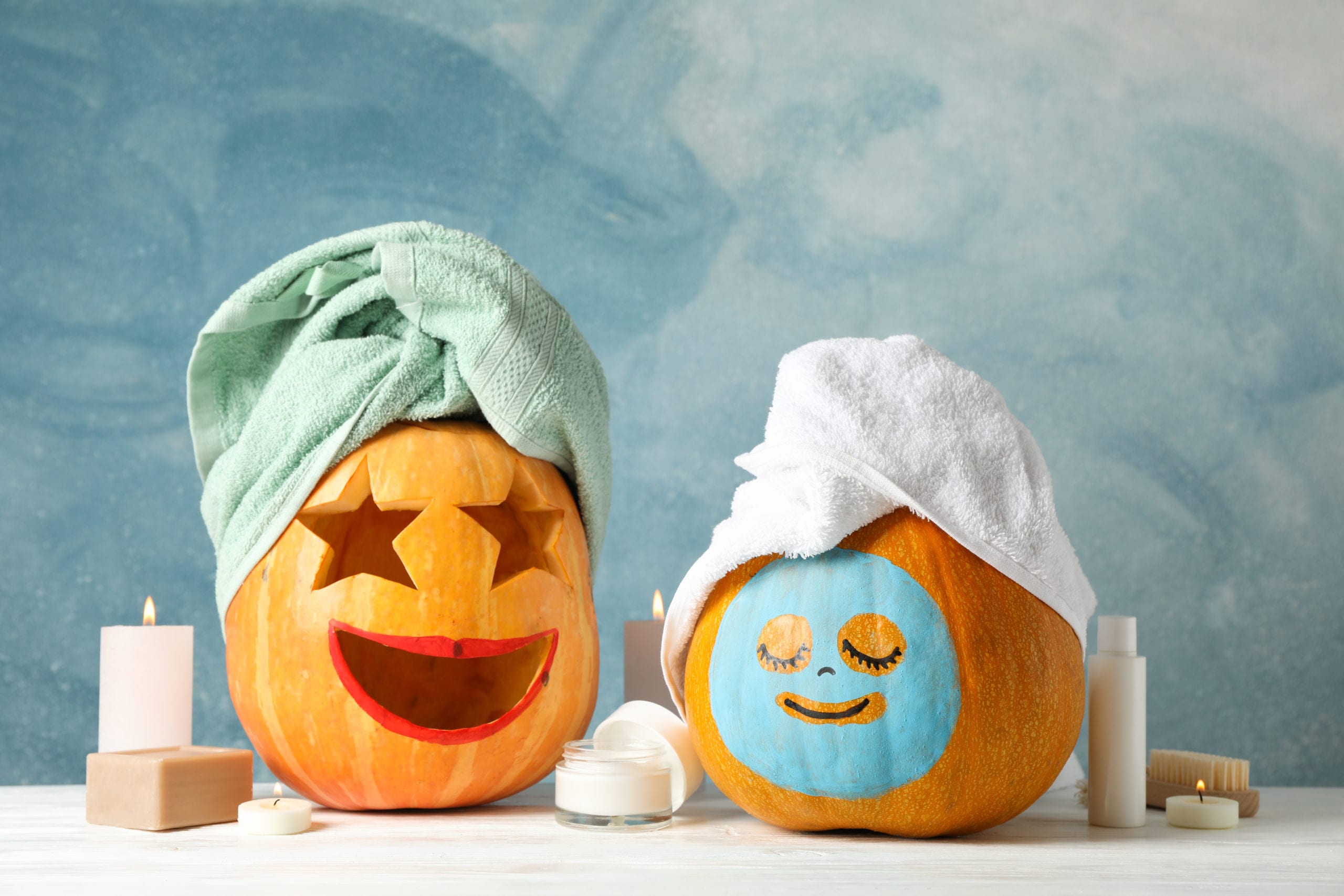 General 2560x1707 Halloween humor candles spa pumpkin still life towel digital art