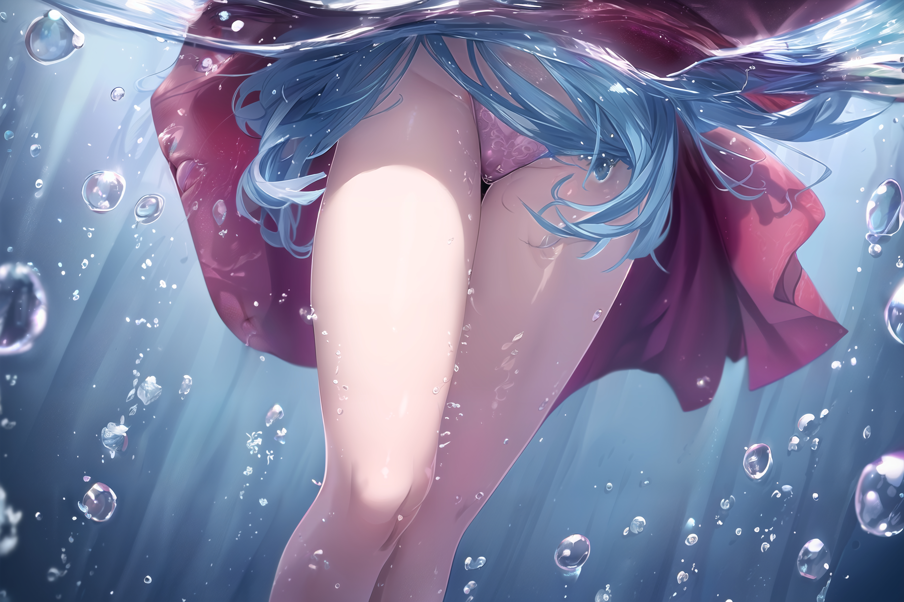 Anime 3840x2560 anime girls anime artwork digital art Mia27000 original characters bubbles water underwater panties blue hair