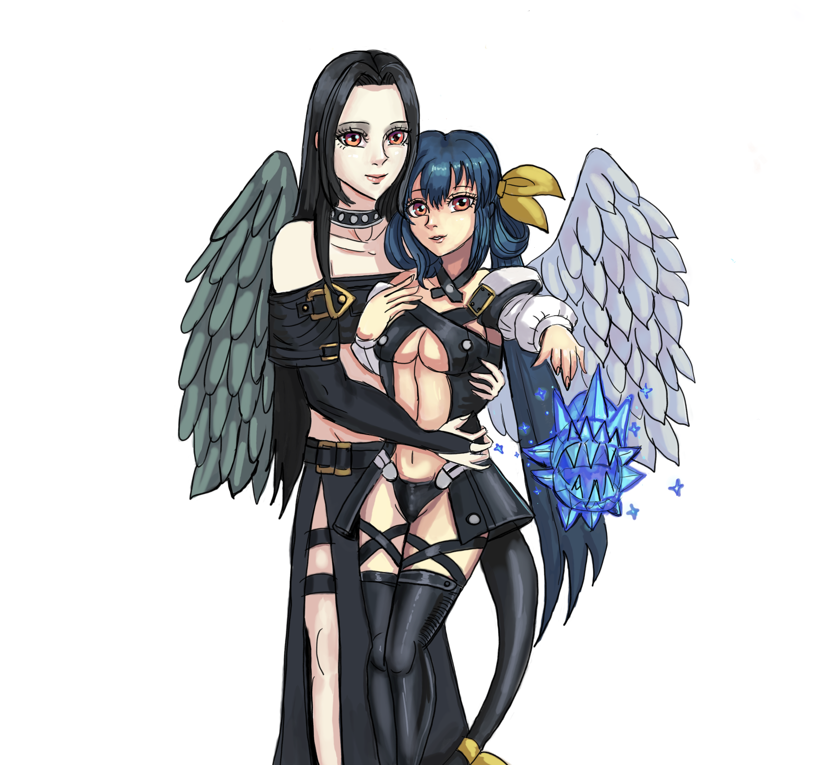 Anime 1654x1507 Guilty Gear Dizzy (Guilty Gear) anime couple yuri genderswap anime girl with wings Testament (guilty gear) fighting games Guilty Gear XX simple background minimalism white background wings cleavage Testament x Dizzy Tesdizzy (guilty_gear)