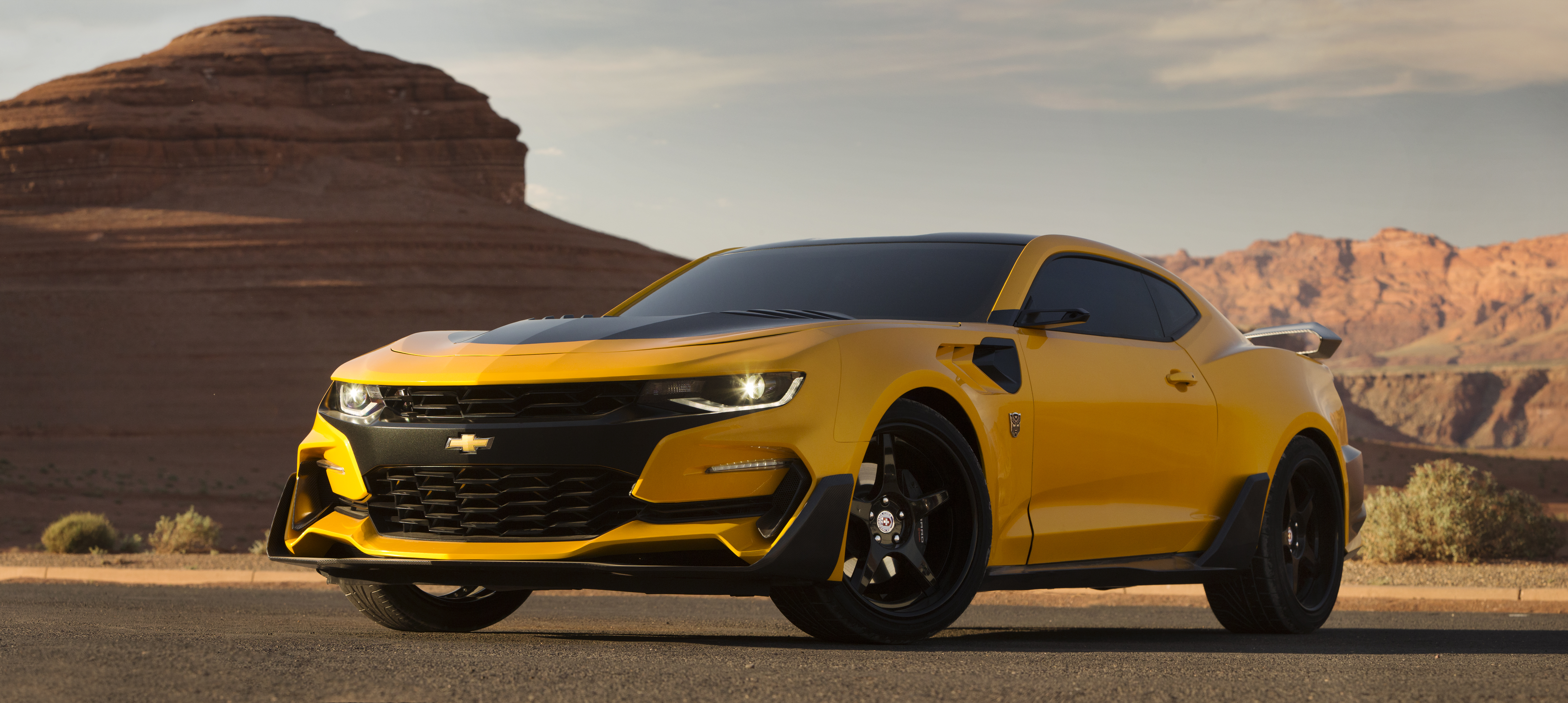 General 7789x3491 car vehicle Chevrolet Camaro yellow cars Chevrolet frontal view headlights sky clouds muscle cars American cars