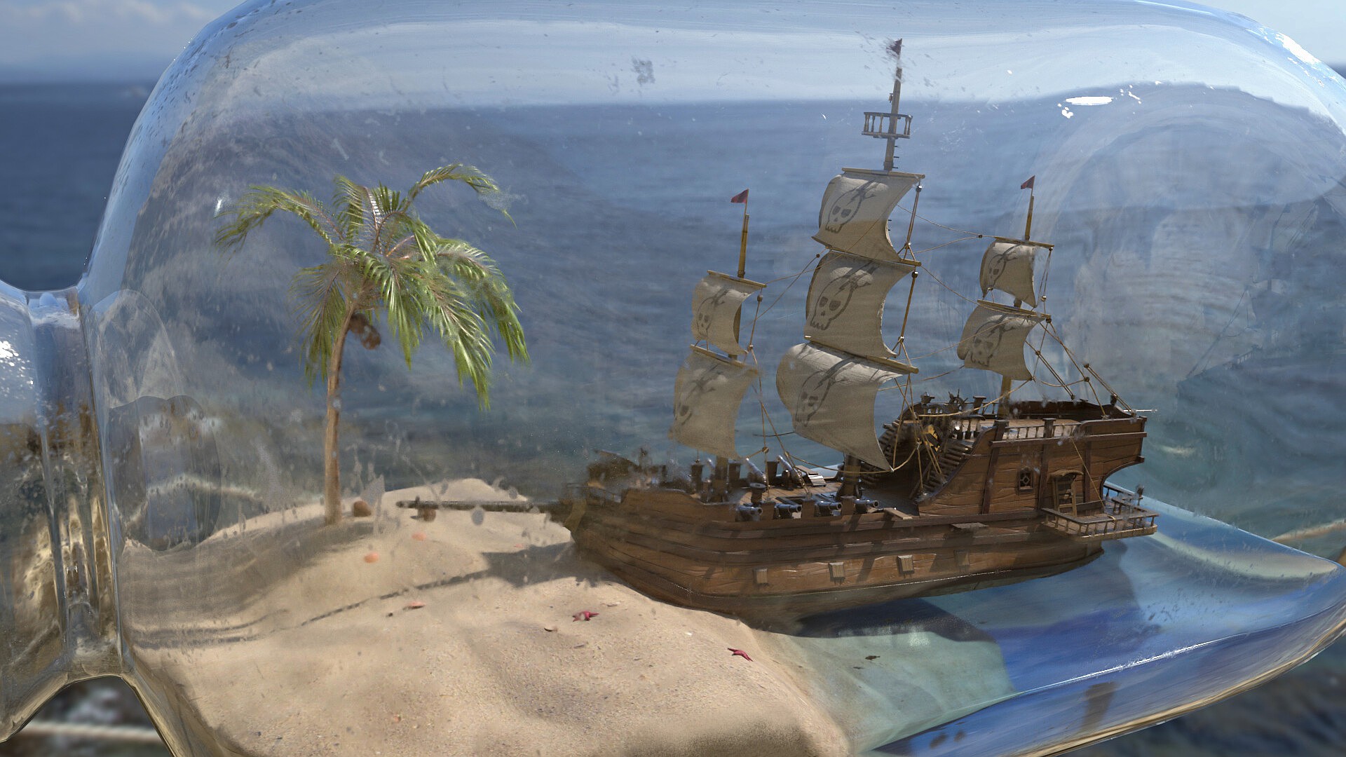 General 1920x1080 Pirate ship coconuts ship water bottles sand palm trees miniatures closeup