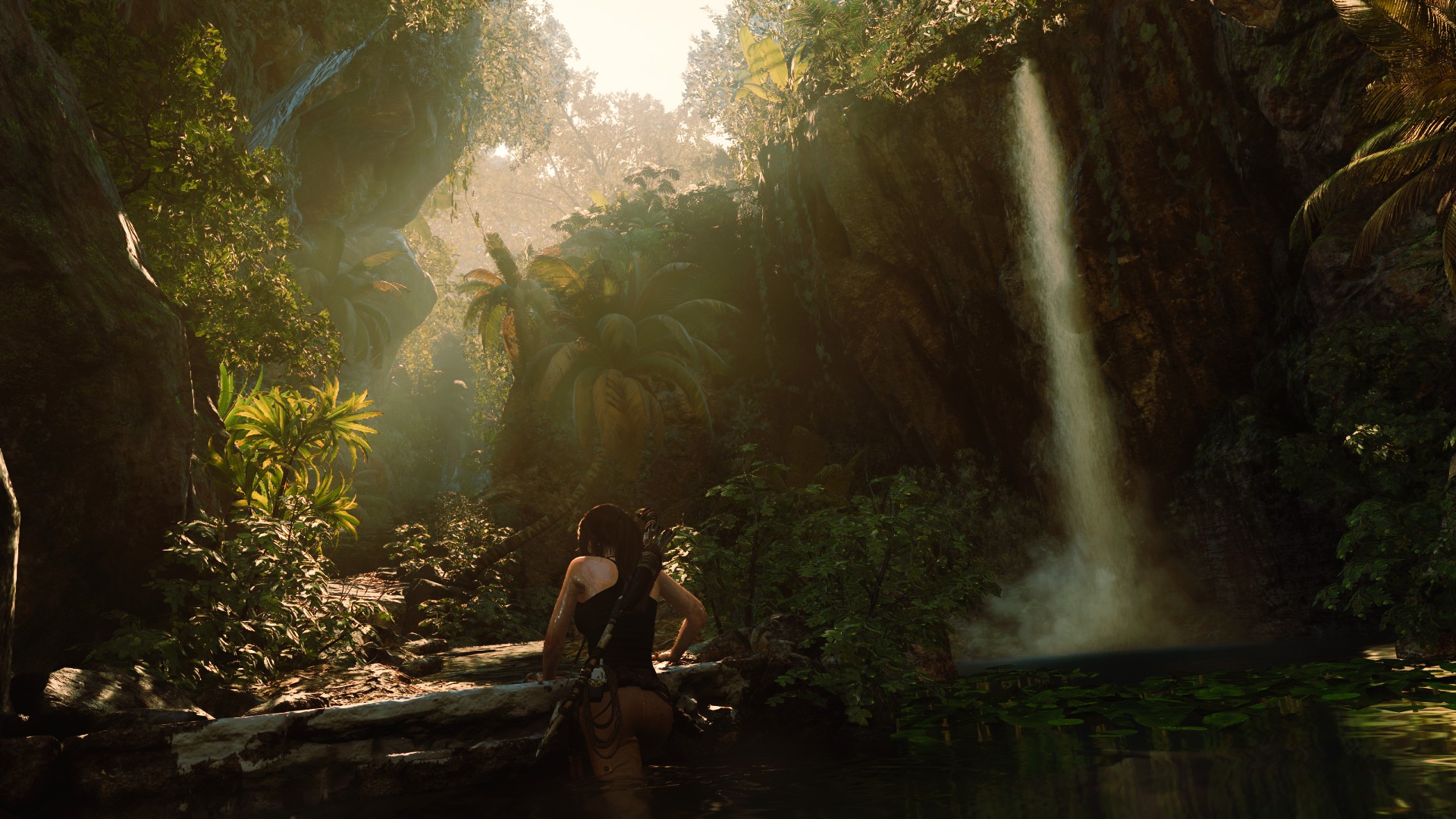 General 1920x1080 Shadow of the Tomb Raider Lara Croft (Tomb Raider) forest waterfall girls with bows video games CGI nature video game girls foliage plants