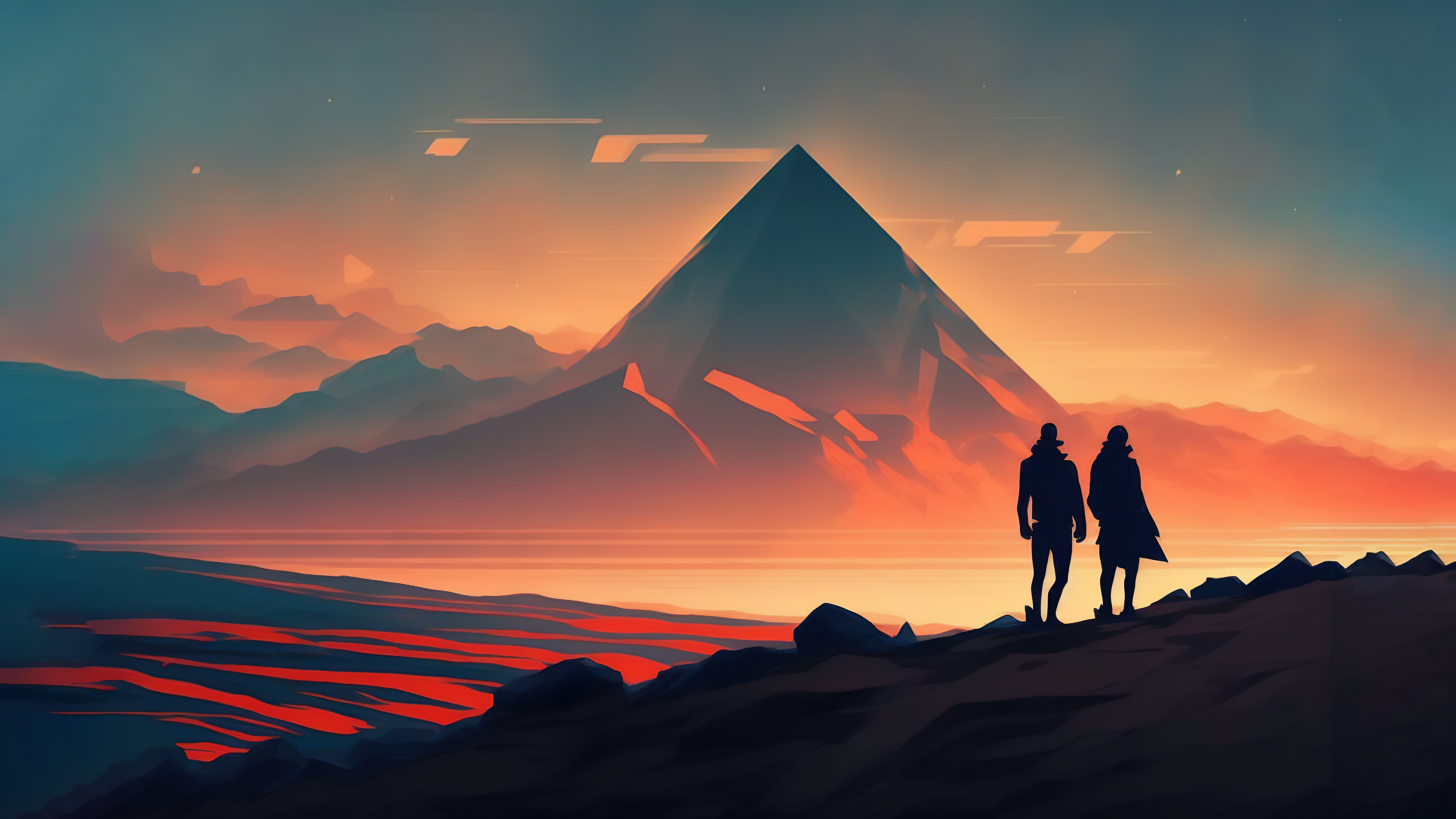 General 3640x2048 science fiction AI art mountains illustration pyramid couple sunset exploring