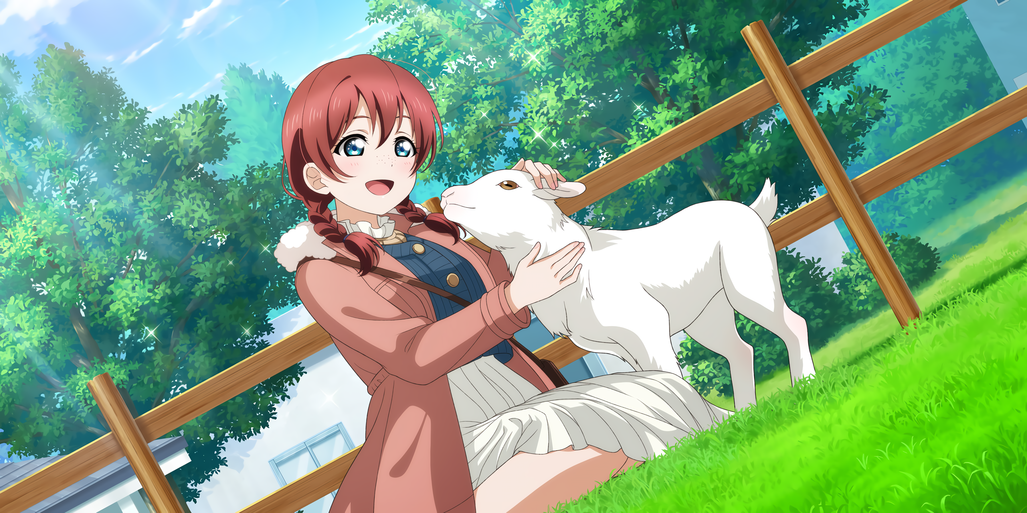 Anime 3600x1800 Emma Verde Love Live! Nijigasaki High School Idol Club Love Live! anime anime girls animals grass braids trees sunlight daylight lamb