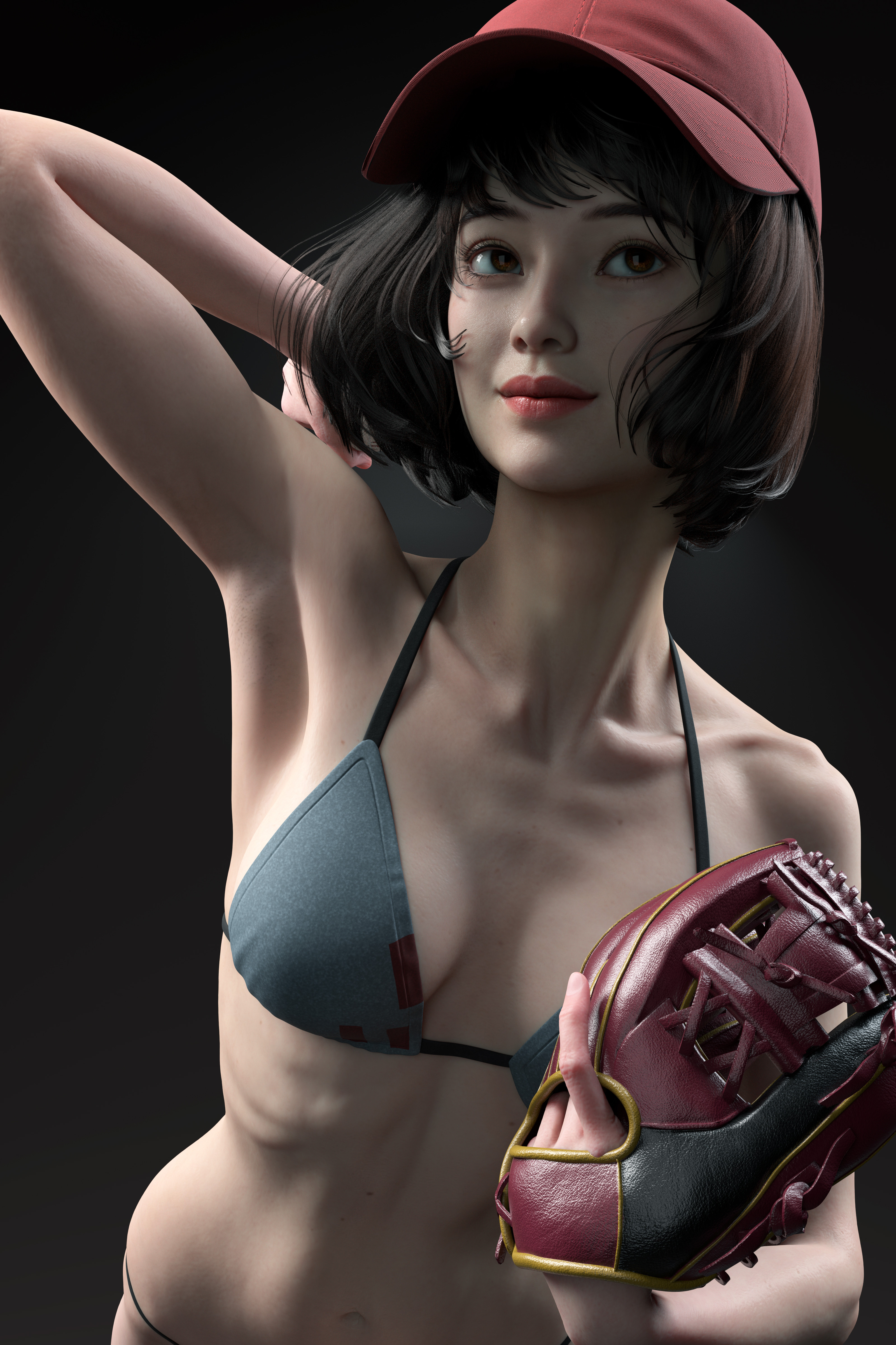 General 3200x4800 Qi Sheng Luo CGI women baseball cap bikini sportswear portrait display baseball glove armpits hat