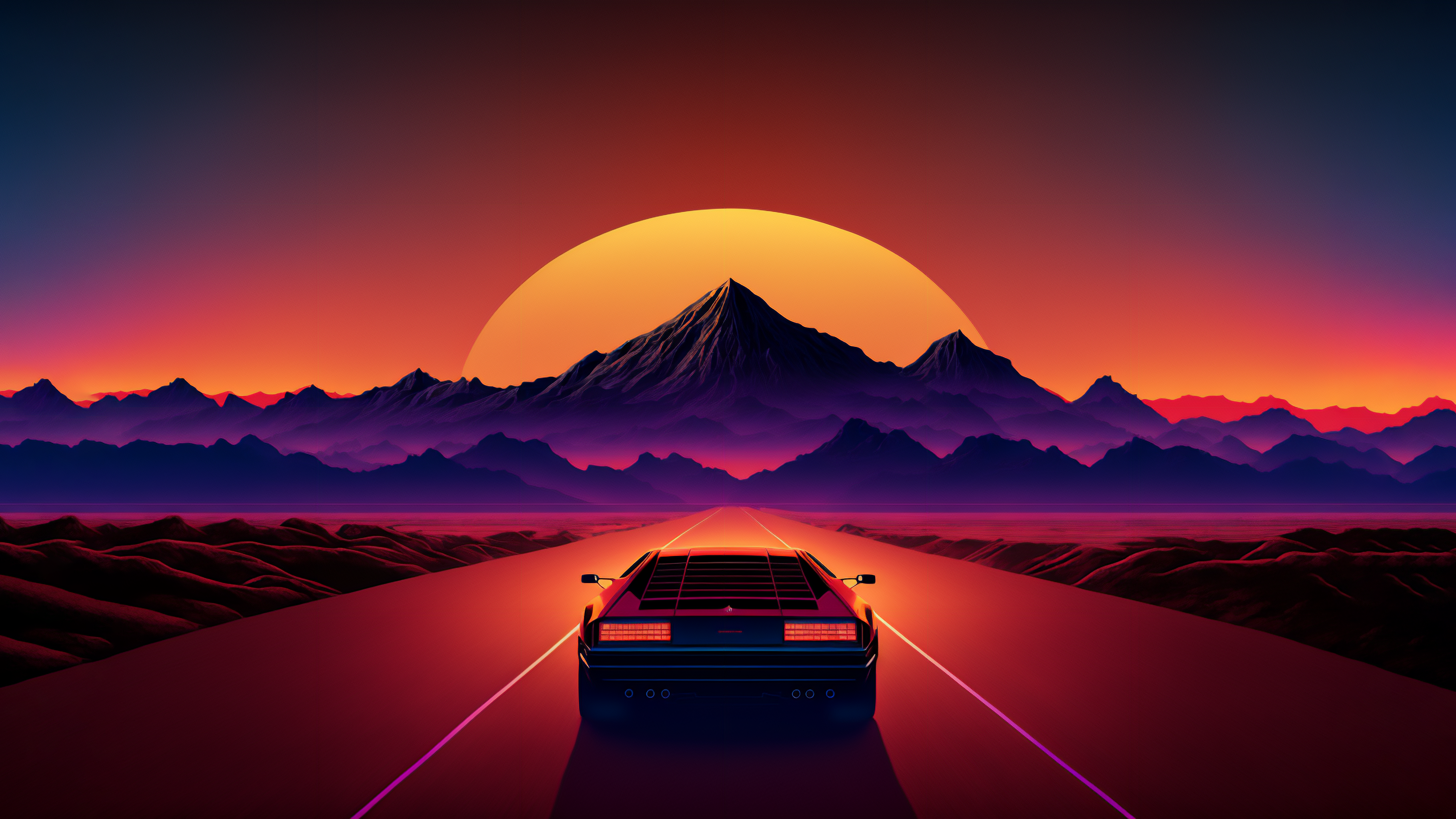 General 3640x2048 AI art sports car sunset mountains road desert synthwave retrowave car taillights