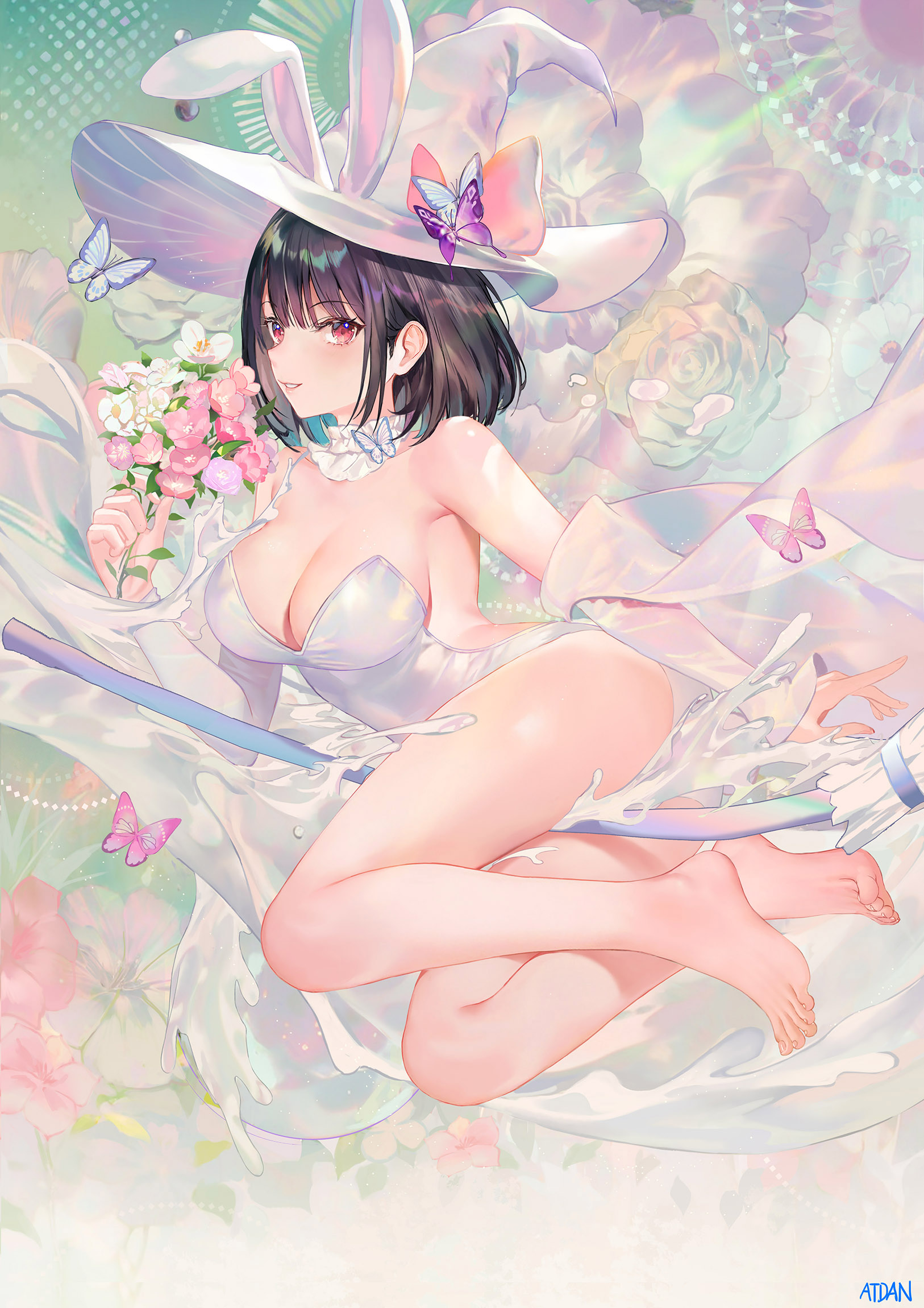 Anime 1626x2300 original characters bunny girl Atdan anime girls portrait display bunny suit bunny ears big boobs flowers butterfly feet witch hat hat