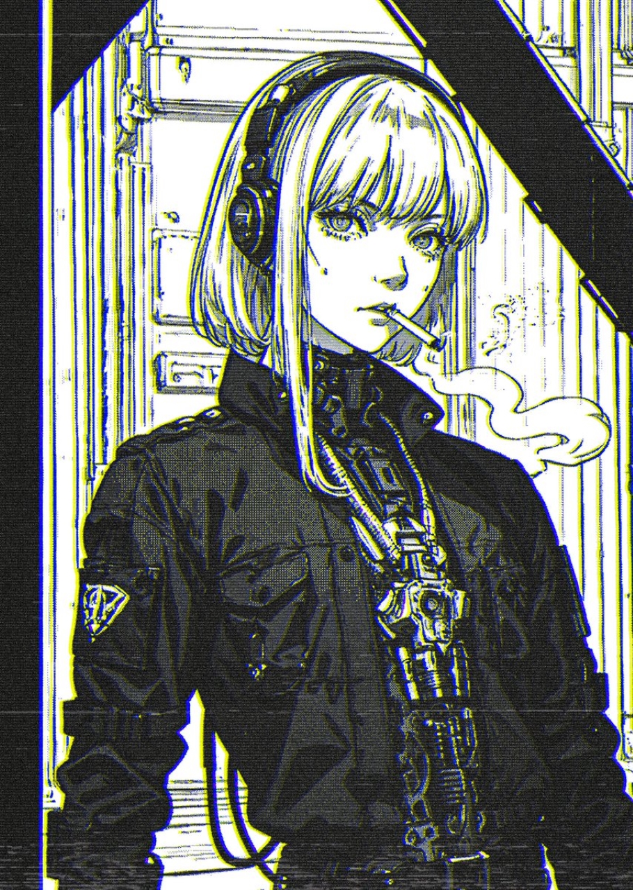 Anime 910x1280 xenotrip cyberpunk AI art portrait display anime girls short hair looking at viewer cables futuristic cigarettes cyborg girl smoke monochrome standing open jacket jacket headphones