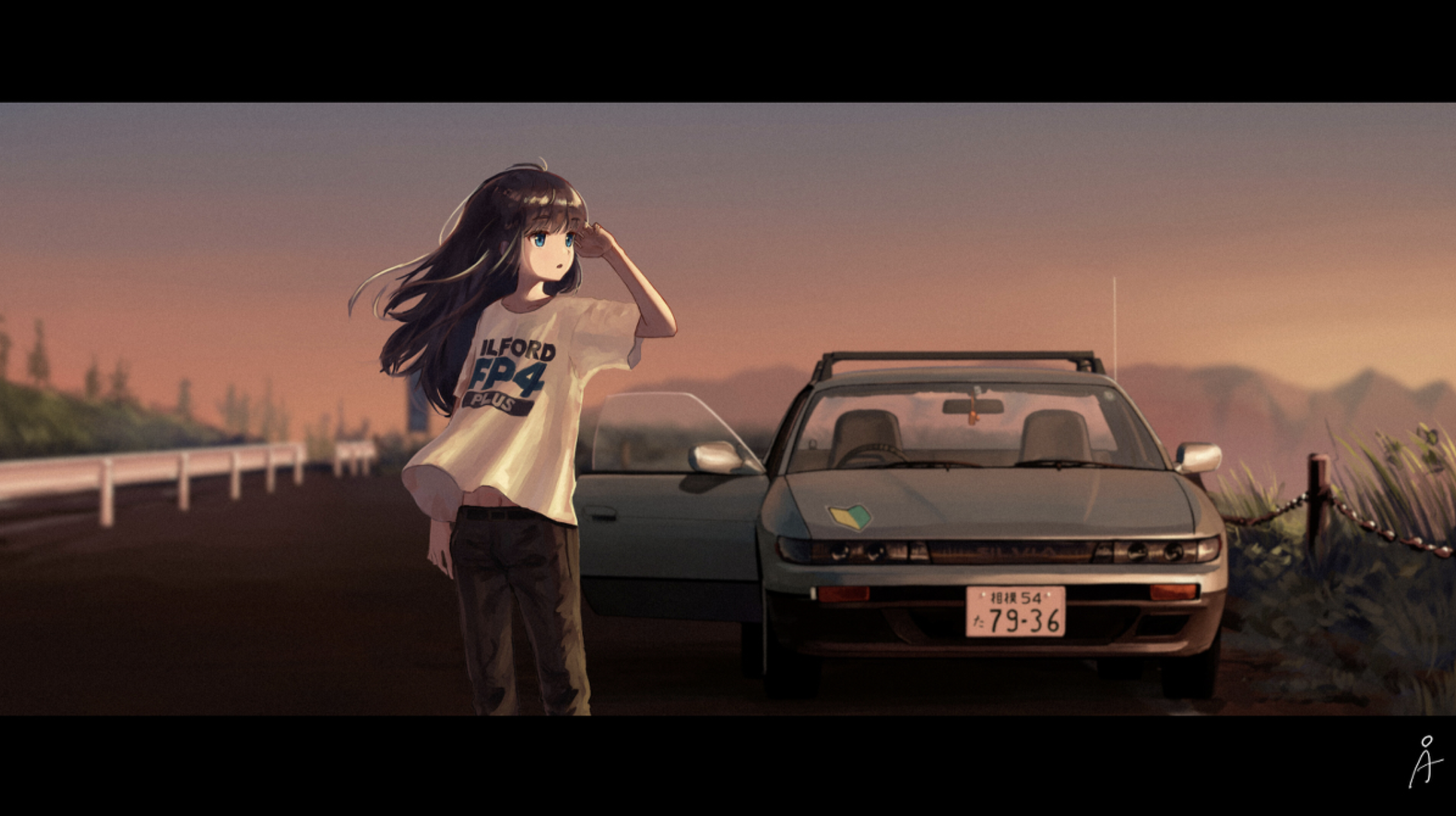 Anime 2266x1270 Pixiv anime girls original characters traditional art Nissan Nissan Silvia scenery vehicle open car door wavy hair black hair