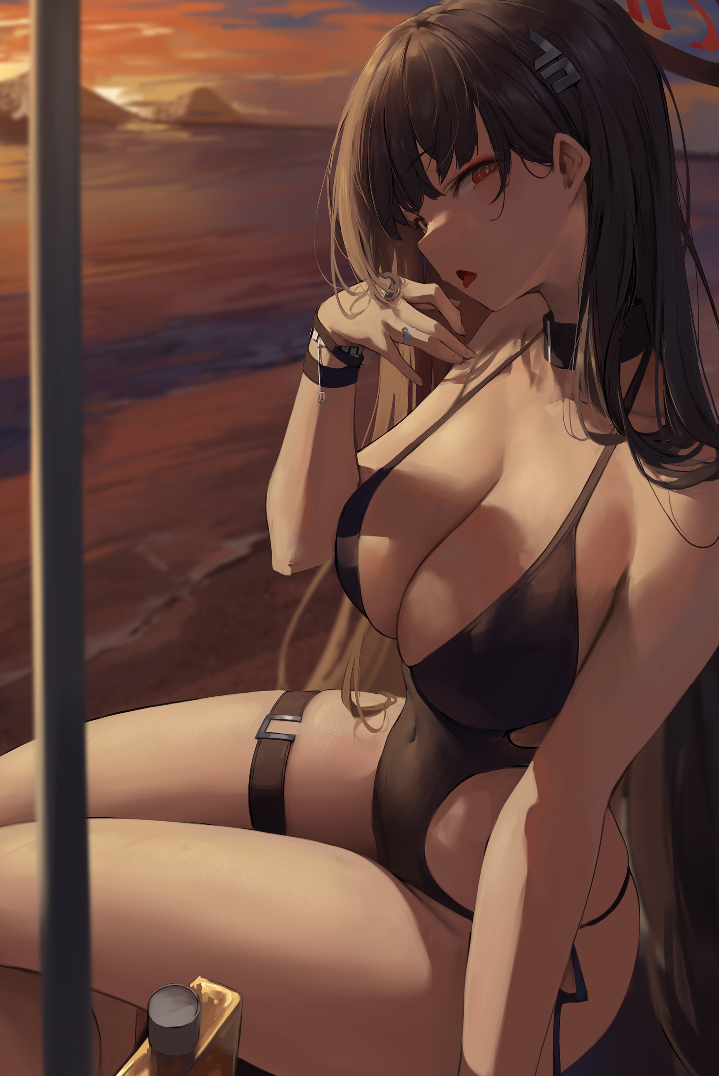 Anime 2351x3520 Blue Archive swimwear portrait display anime girls Tsukatsuki Rio cleavage one-piece swimsuit sky black swimsuit hair clip hair ornament choker looking at viewer beach huge breasts red eyes black hair long hair women outdoors thighs sunset women on beach Hiki Niito thigh strap tongue out open mouth