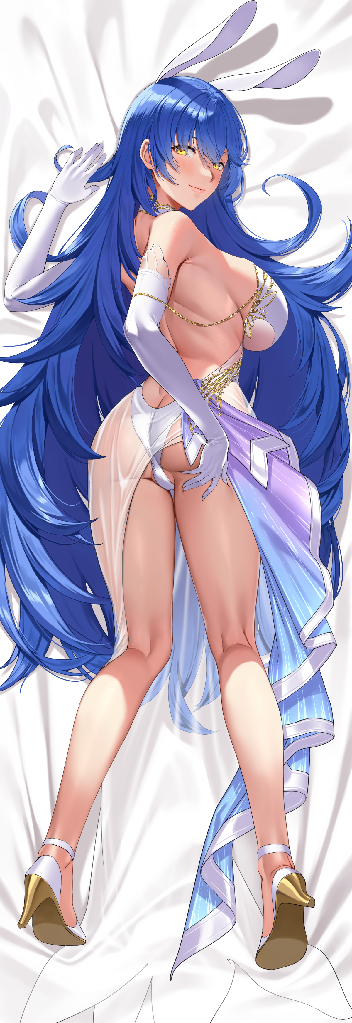 Anime 1200x3483 Girls Frontline rear view portrait display anime girls TAR-21 (Girls Frontline) ass looking back bunny ears animal ears long hair yellow eyes dakimakura blue hair white dress Deras looking at viewer elbow gloves white gloves see-through dress dress bareback huge breasts bare shoulders heels white heels panties white panties lip slip sideboob high heels smiling underwear blushing top view lying down thighs lying on front back butt crack gloves hand on thigh legs