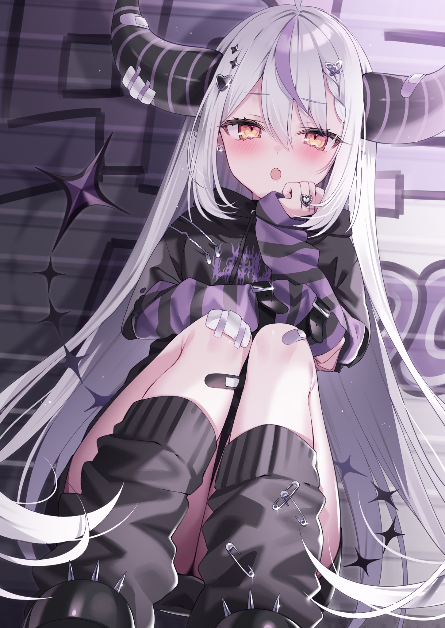 Anime 1451x2048 anime anime girls Hololive Laplus Darknesss Virtual Youtuber blushing horns two tone hair long hair looking at viewer portrait display rings open mouth yellow eyes ear piercing Band-Aid pointy ears