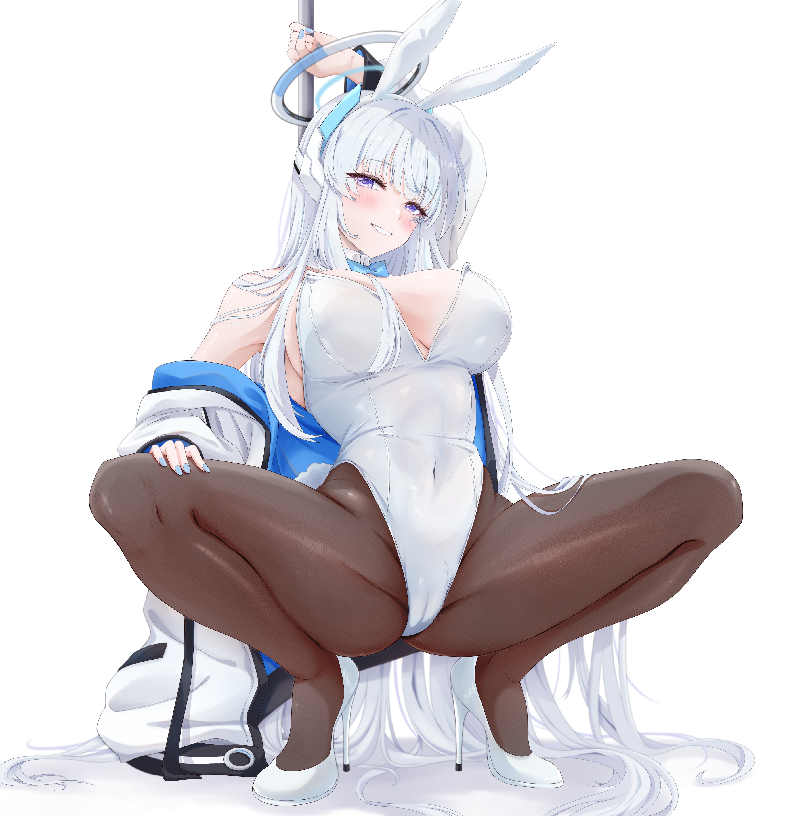 Anime 2750x2838 Blue Archive spread legs portrait display anime girls Ushio Noa heels big boobs animal ears bunny girl bunny suit bunny ears bunny tail simple background tail white background leotard minimalism white leotard open jacket purple eyes white hair high heels white high heels jacket Yoru0409 hair ornament long hair dancing poles looking at viewer thighs pantyhose blue nails blushing one arm up smiling hands on hips white heels parted lips