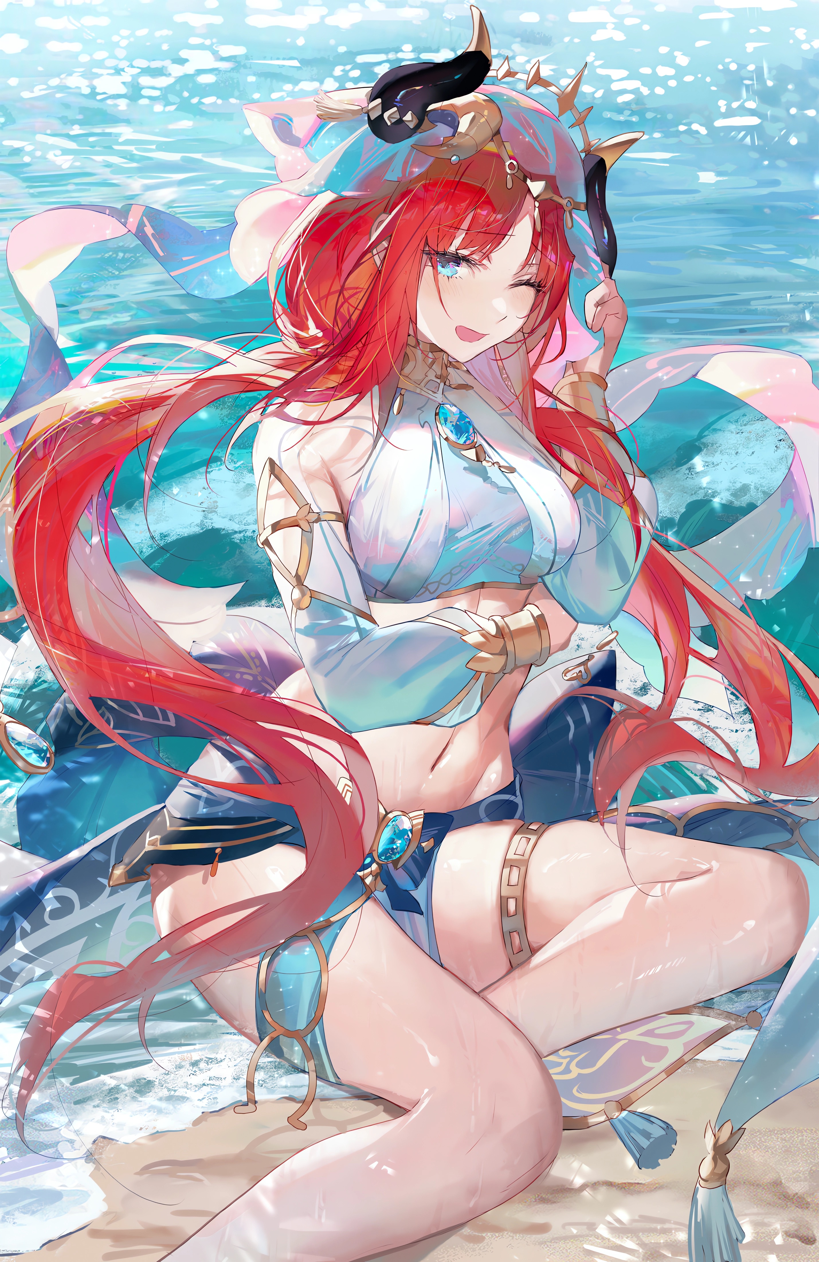 Anime 2858x4400 anime anime girls Pixiv Genshin Impact Nilou (Genshin Impact) portrait display twintails redhead blue eyes one eye closed water looking at viewer wet wet body sand waves long hair