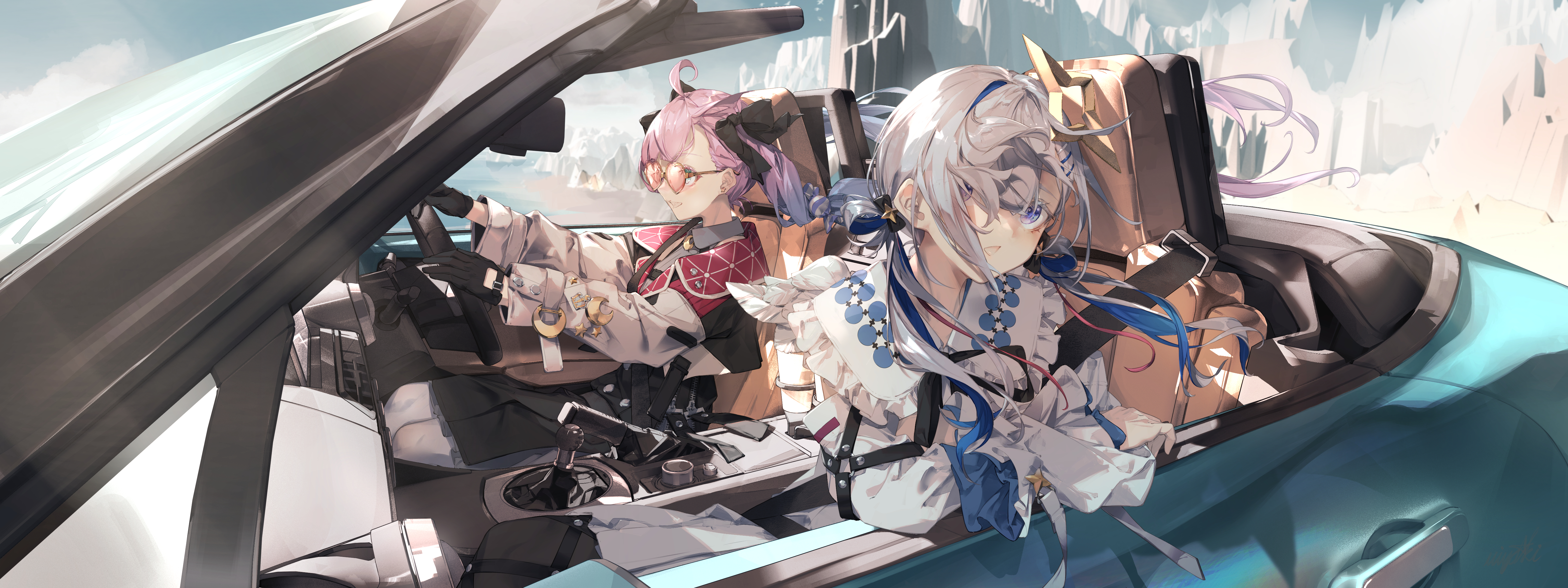 Anime 5760x2160 anime anime girls car vehicle driving gloves long hair hair blowing in the wind looking away car interior
