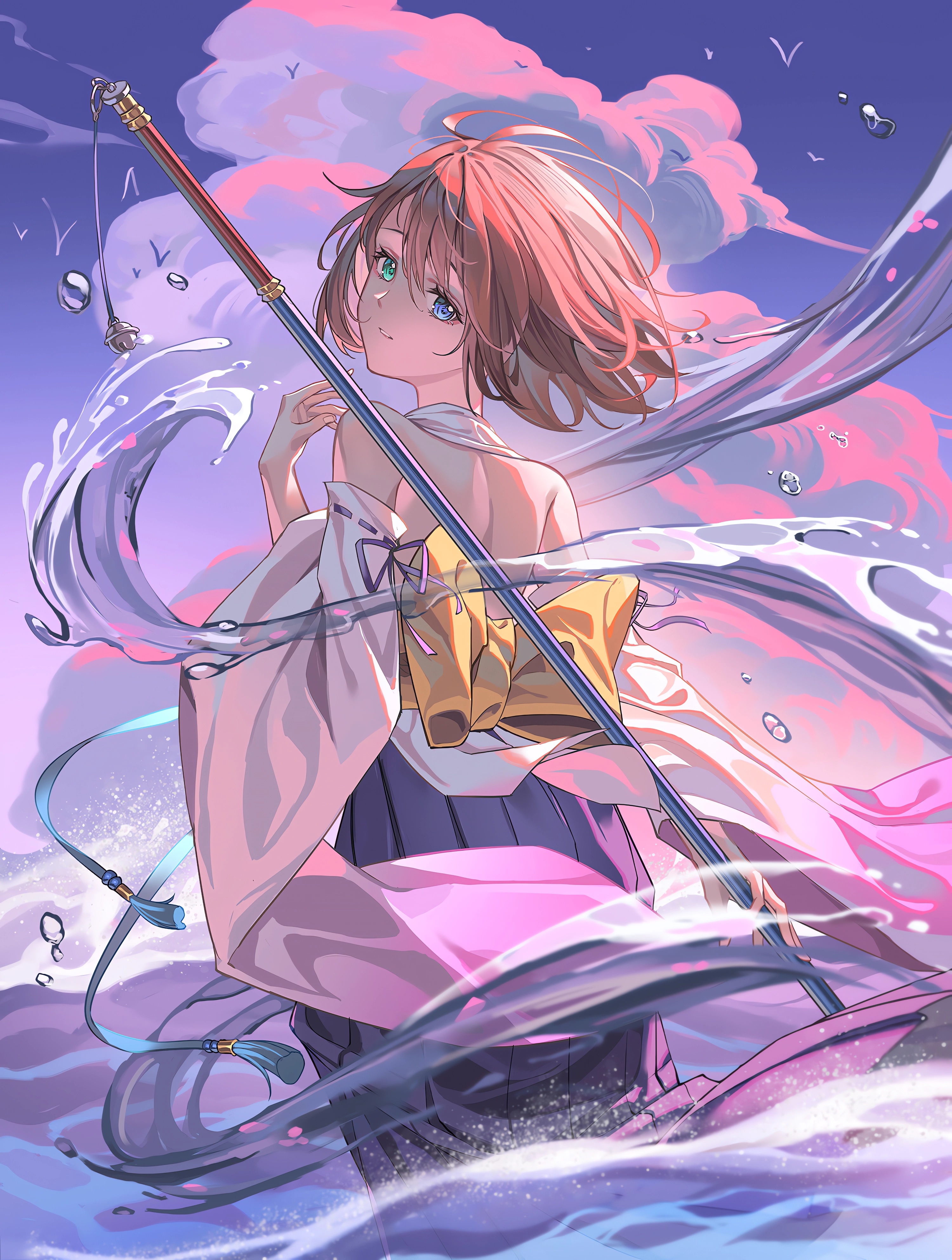 Anime 3000x3968 anime anime girls portrait display short hair water looking at viewer water drops clouds heterochromia sky hair blowing in the wind standing in water bells Yuna Final Fantasy X