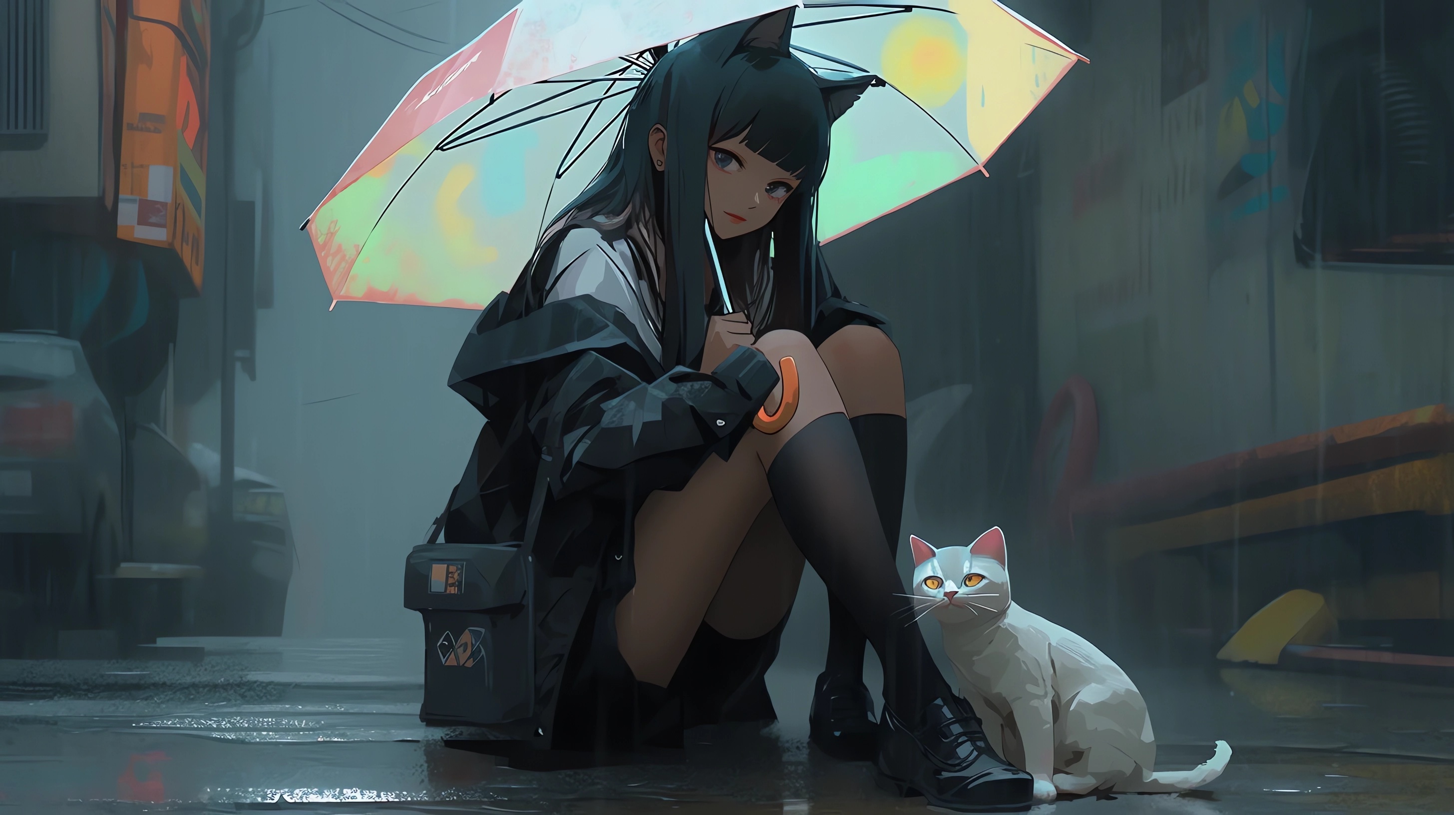 Anime 2912x1632 anime anime girls cats sitting animals umbrella cat ears long hair looking at viewer purse cat girl rain AI art