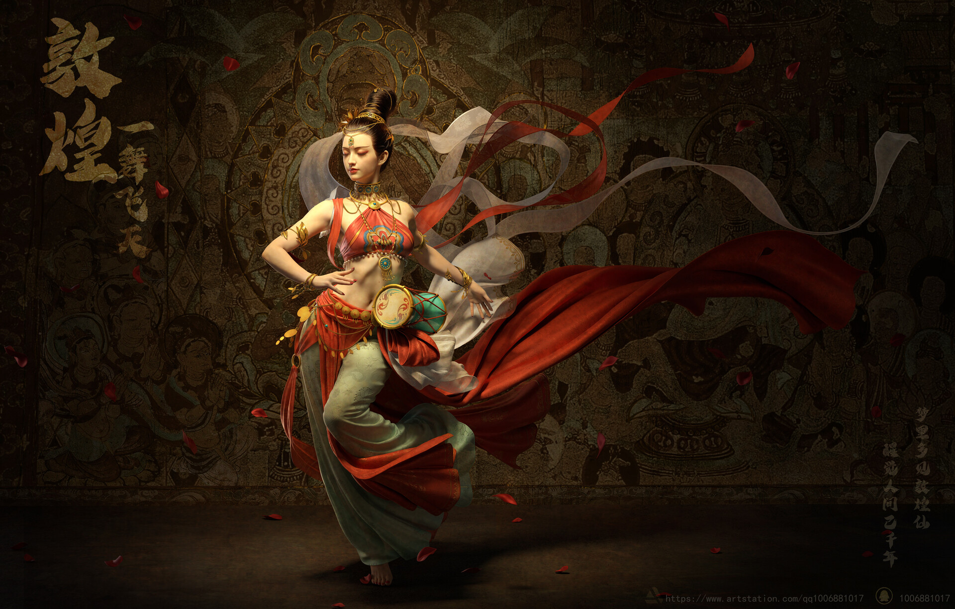 General 1920x1224 Baogu Er Ba CGI women Asian shawl pattern digital art dancing petals watermarked jewelry closed eyes