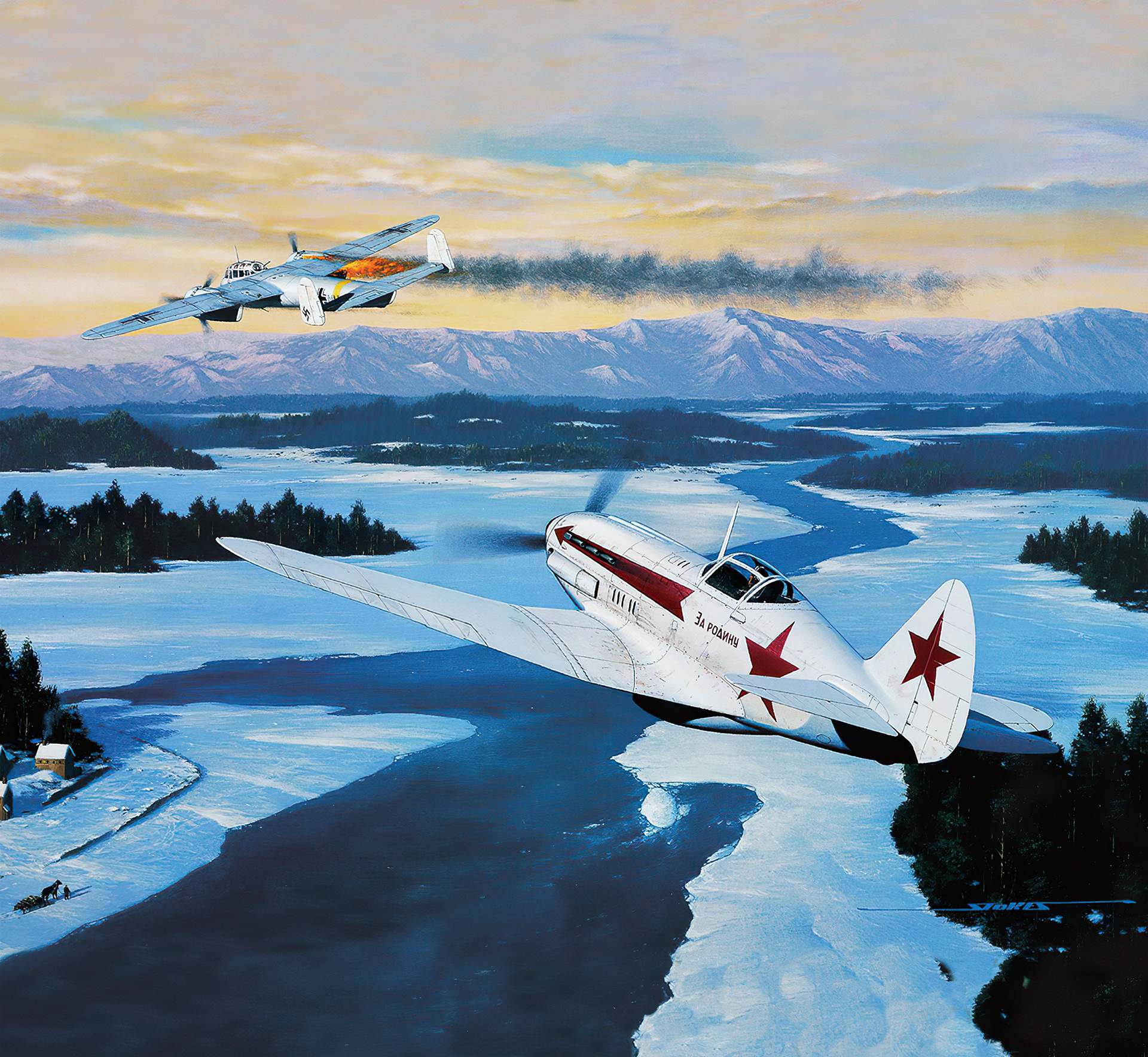 General 1920x1768 aircraft flying fire snow ice military army military aircraft sky clouds smoke mountains landscape World War II Luftwaffe Soviet Air Forces MiG 3 Dornier Do 17 signature Stan Stokes