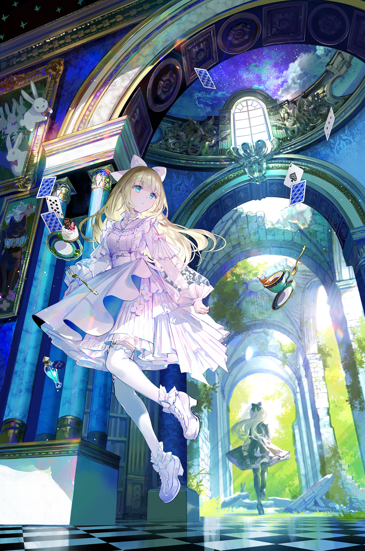 Anime 1193x1799 anime anime girls cards portrait display looking away dress blonde blue eyes plates fork cake tea spoon heels walking checkered rabbits picture frames painting drink sunlight Alice in Wonderland