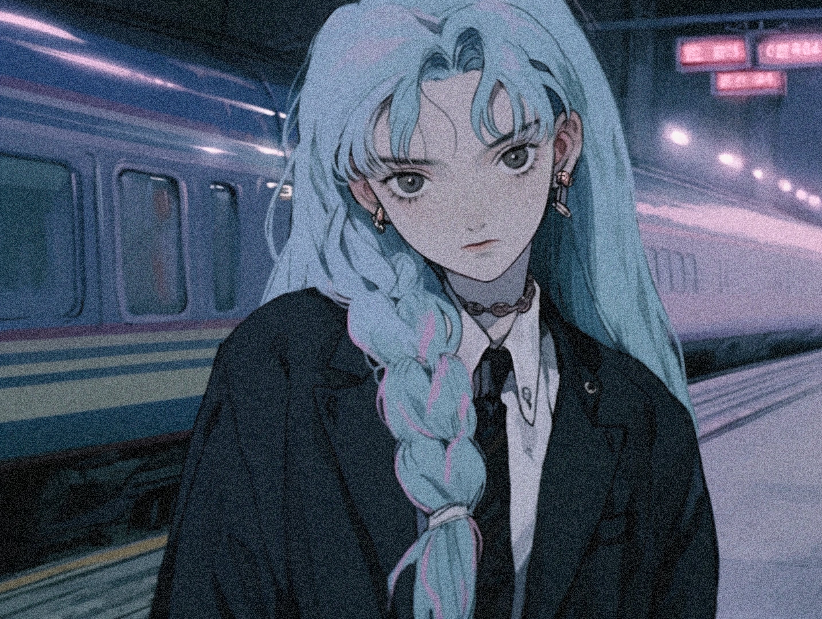 Anime 2868x2160 axynchro retro style anime girls portrait display braids earring choker train looking at viewer long hair blue hair suit and tie AI art