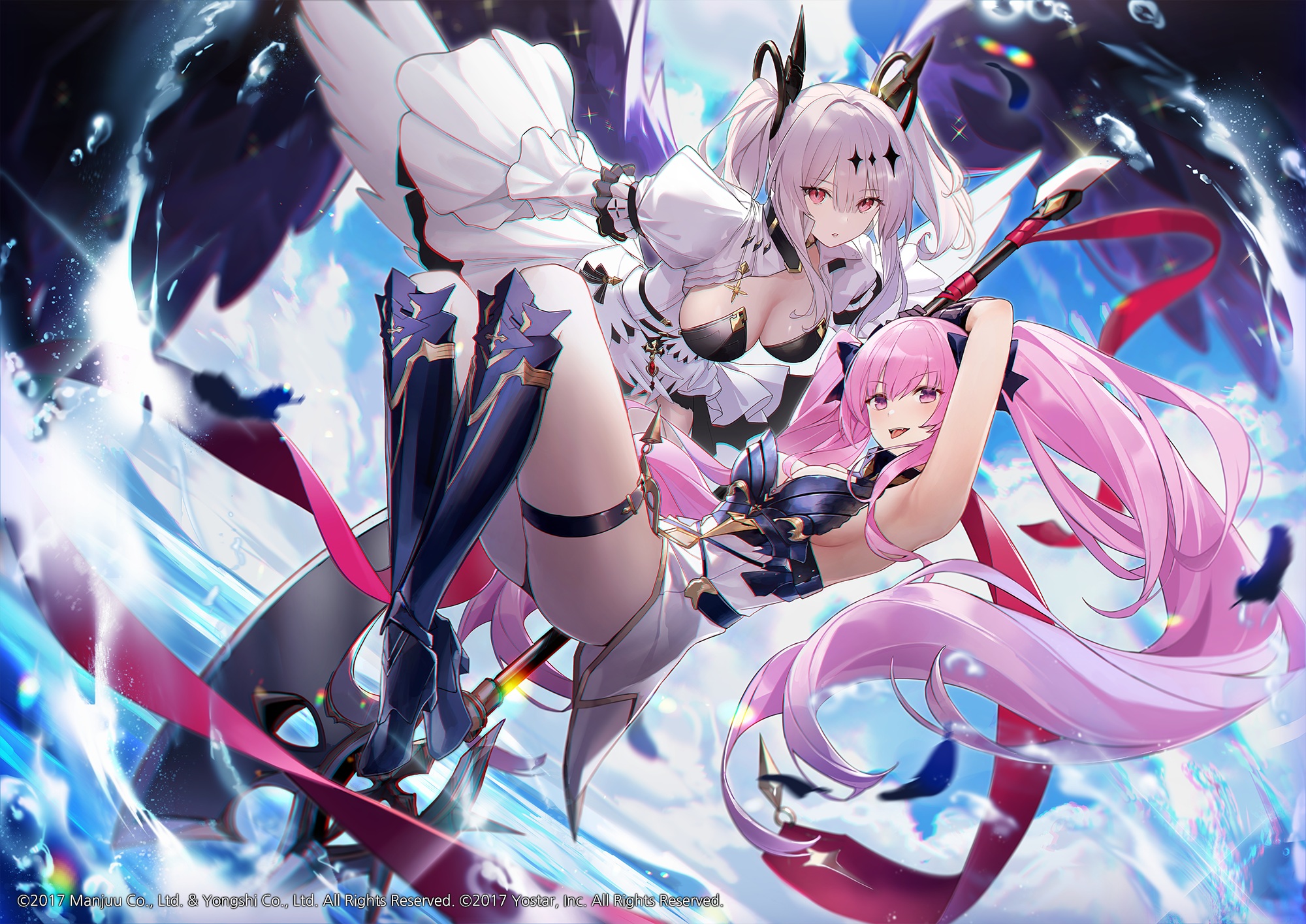Anime 2000x1415 anime anime girls Azur Lane watermarked cleavage big boobs long hair twintails La Galissonniere (Azur Lane) Joffre (Azur Lane) water looking at viewer smiling tongue out