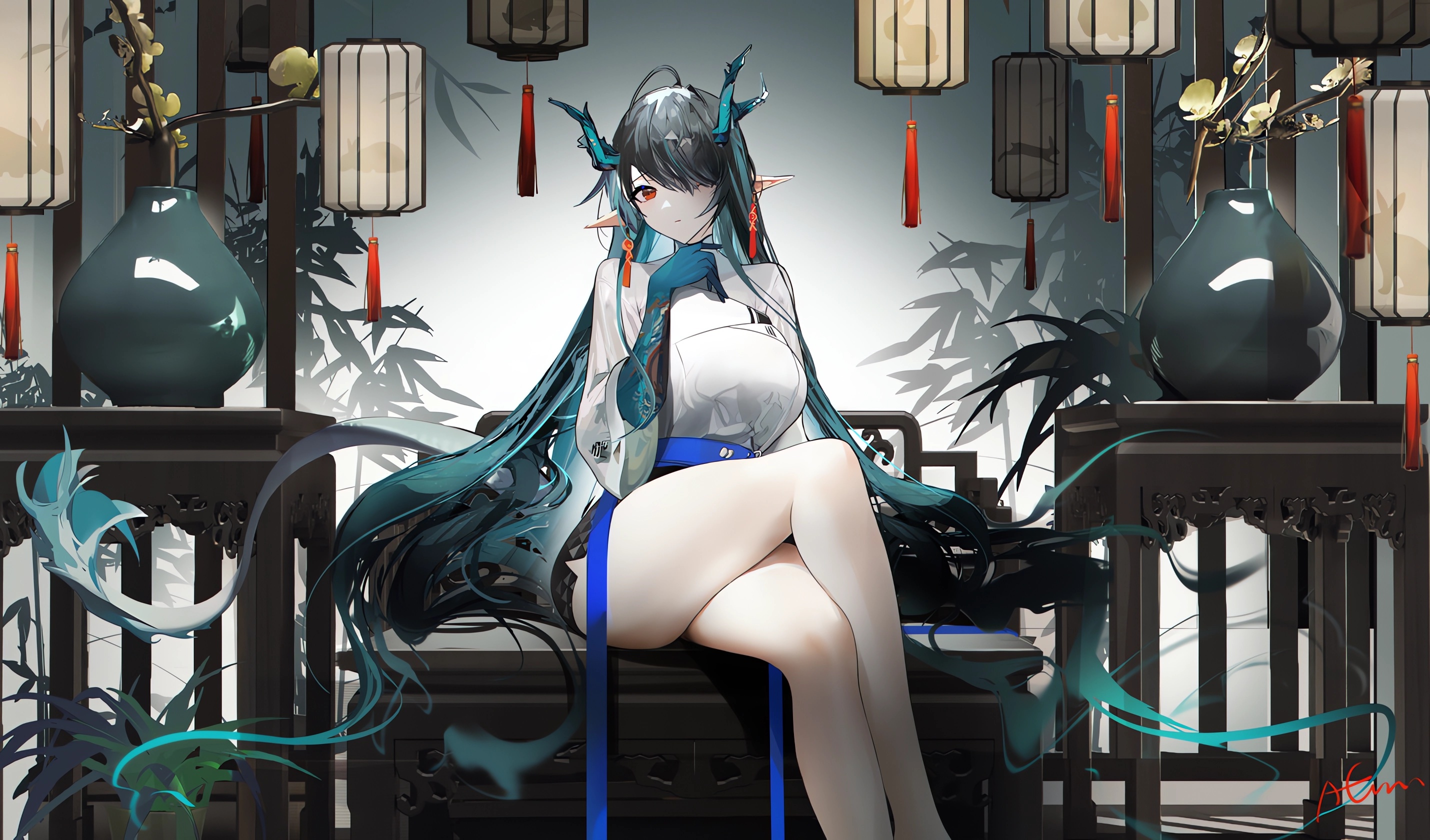 Anime 2860x1680 anime anime girls Arknights Dusk (Arknights) sitting legs crossed pointy ears long hair hair over one eye vases looking at viewer horns dragon horns dragon girl dragon tail signature leaves two tone hair table Omone Hokoma Agm