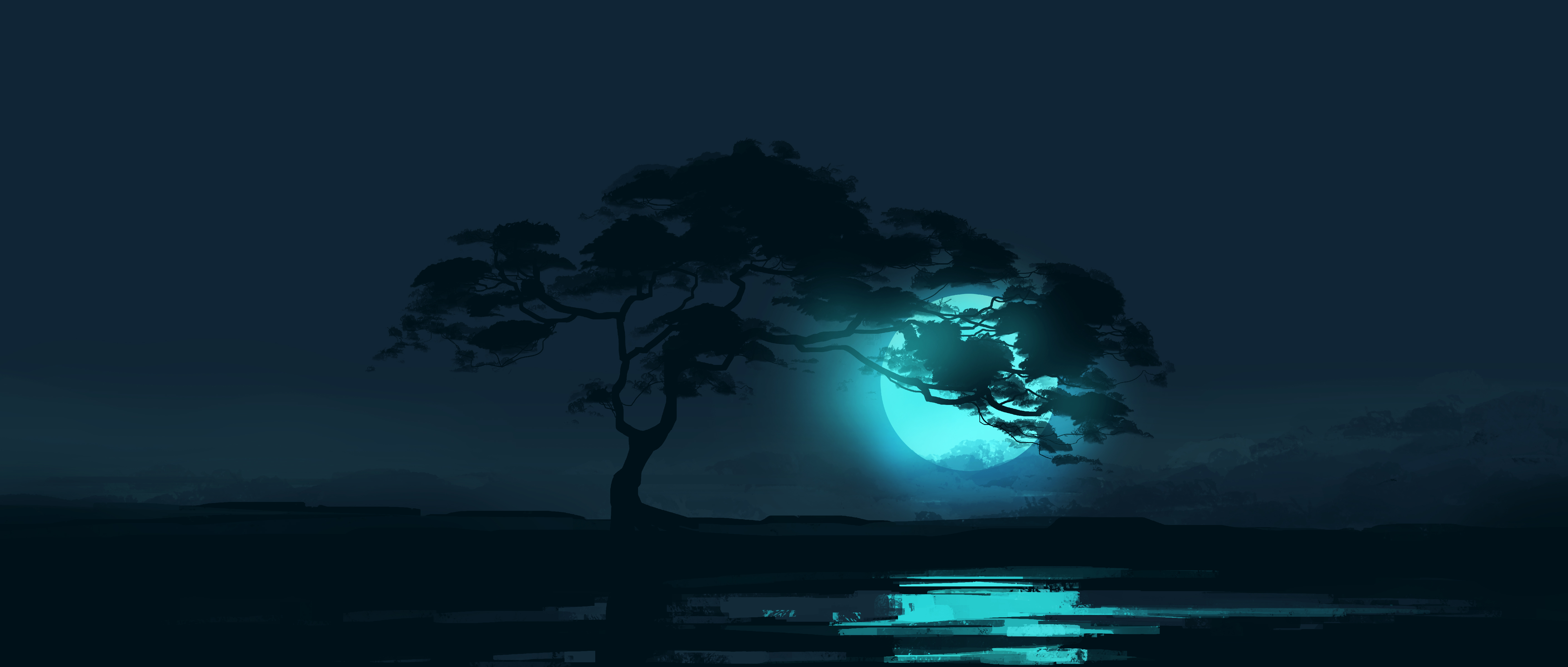 General 5640x2400 Gracile digital art artwork illustration environment wide screen ultrawide trees landscape night Moon moonlight reflection minimalism space savannah