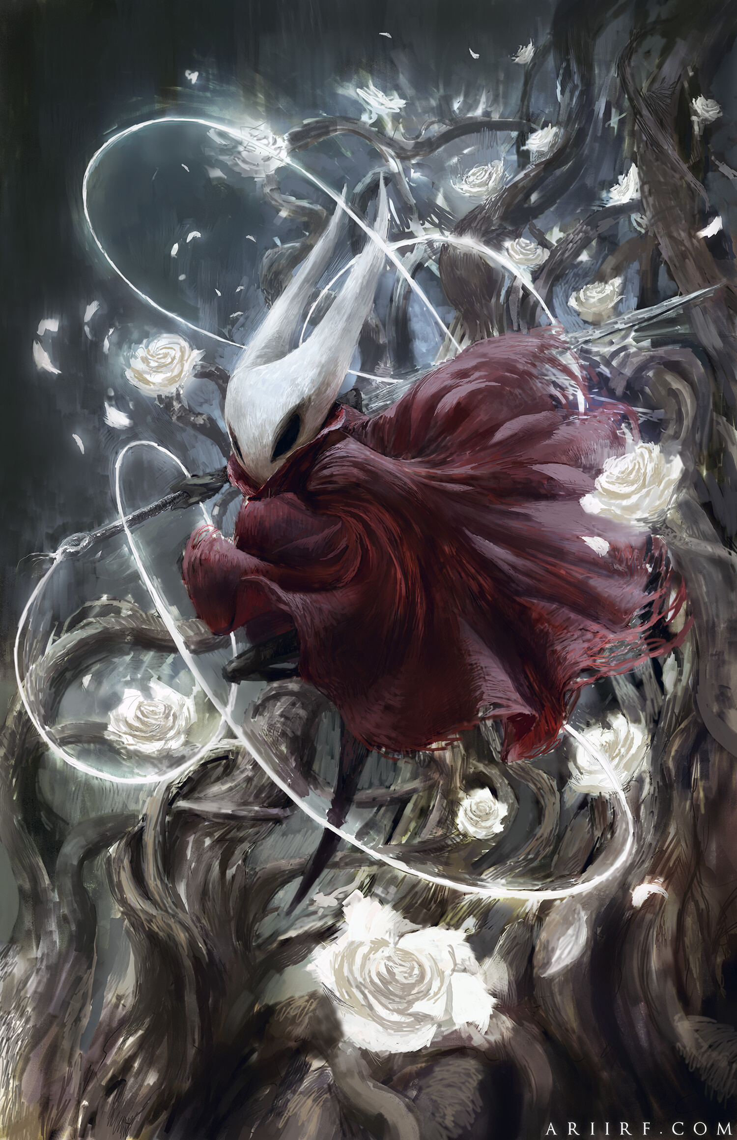 General 1500x2318 fantasy art artwork digital art portrait display Hollow Knight: Silksong Hollow Knight weapon video game art flowers petals watermarked video game characters