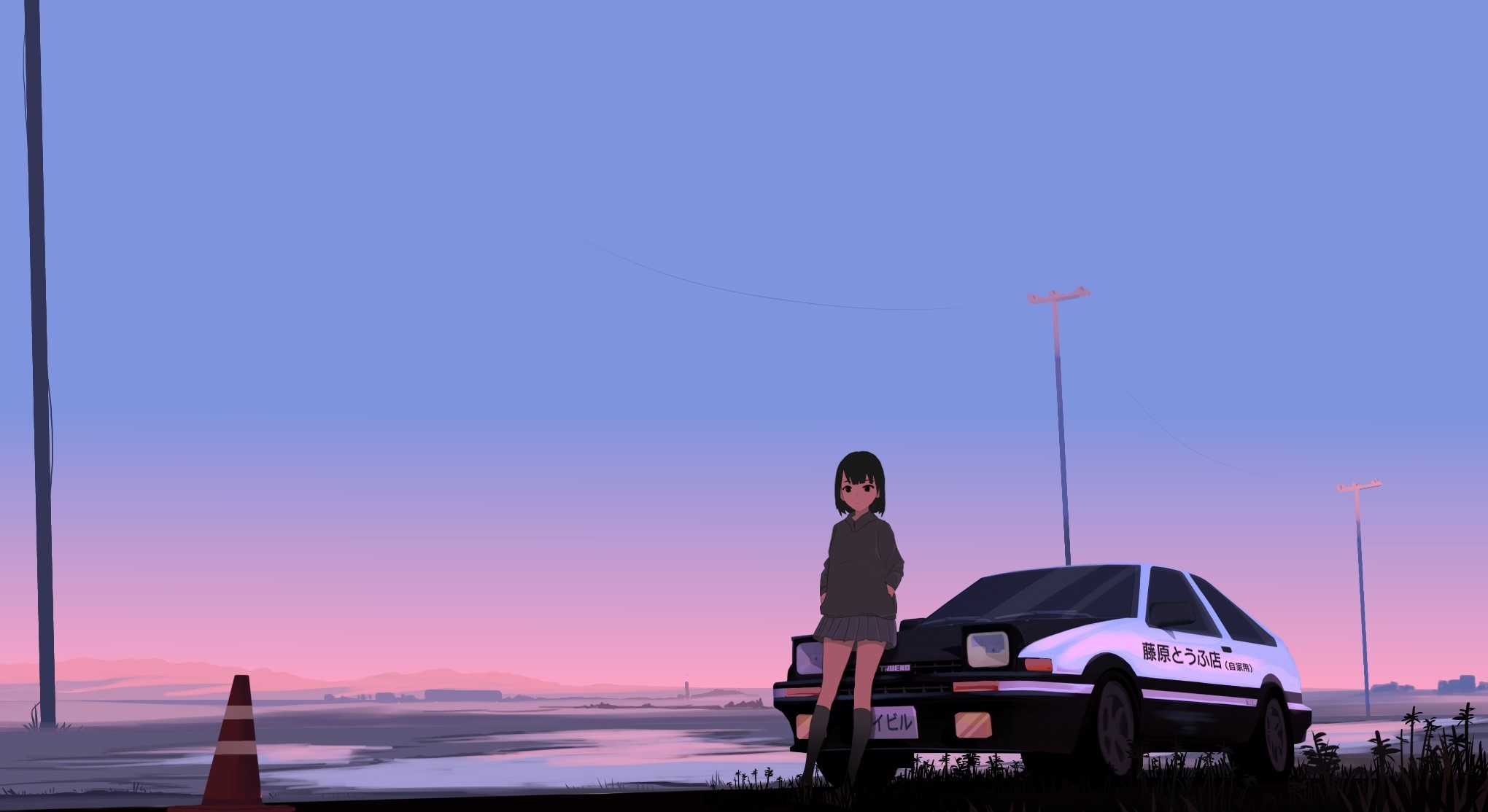 Anime 2040x1114 Initial D anime girls car looking at viewer hands in pockets standing short hair frontal view Japanese cars Japanese sky traffic cone sunset sunset glow