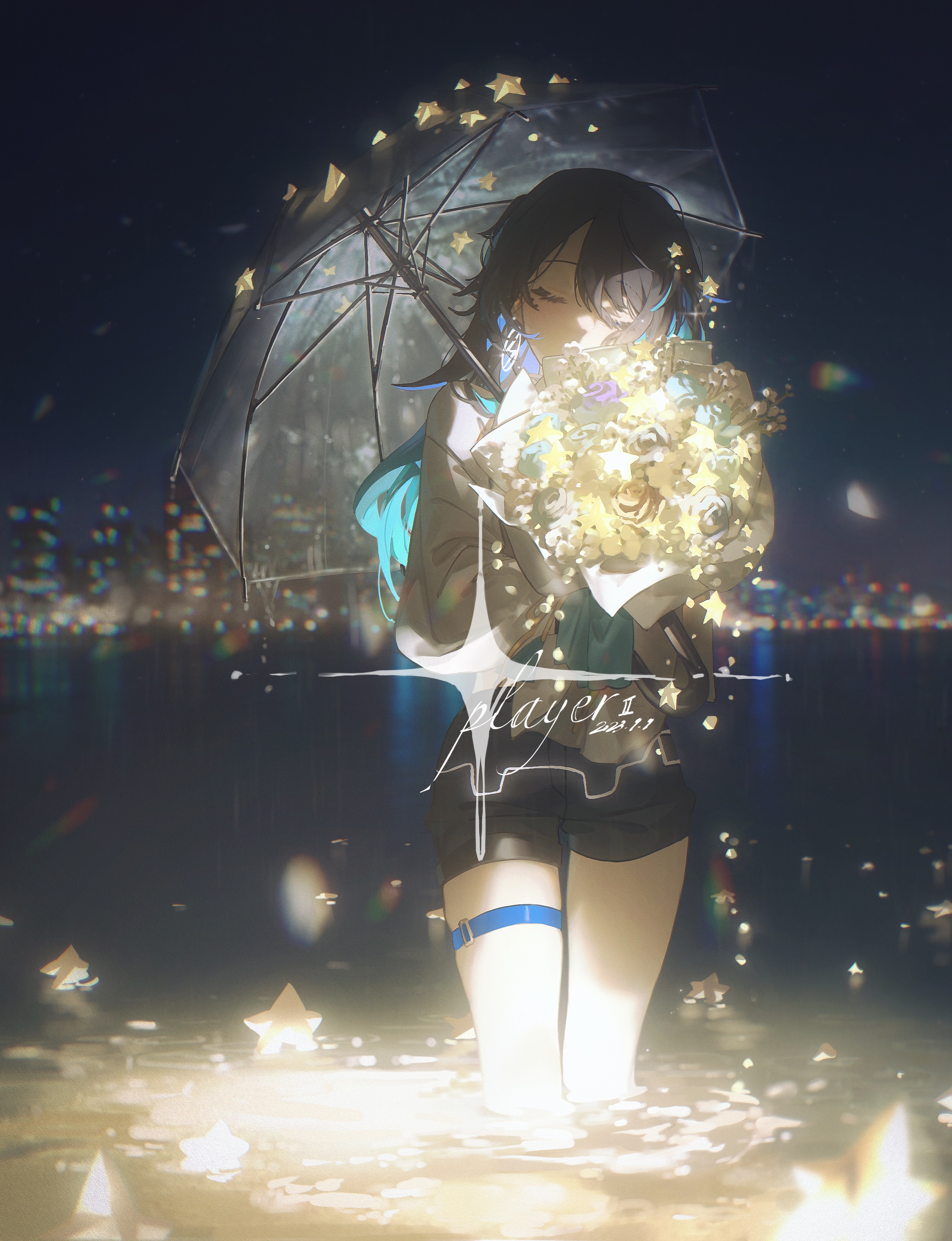 Anime 2301x3000 anime anime girls Pixiv colorful umbrella closed eyes flowers standing water standing in water night blurred blurry background long hair stars earring signature