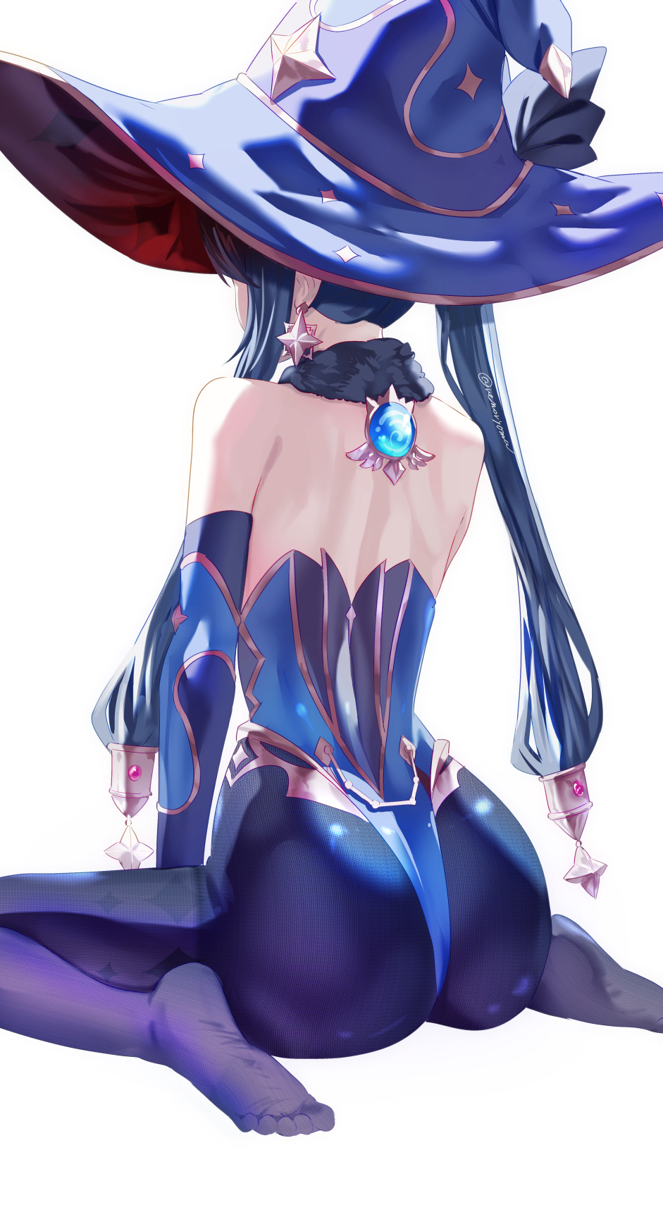 Anime 941x1720 Genshin Impact witch hat portrait display anime girls Mona (Genshin Impact) ass blue pantyhose pantyhose simple background sitting white background leotard blue leotard minimalism elbow gloves twintails long hair dark blue hair star earrings jewelry watermarked rear view Uenoryoma hair ornament bare shoulders back feet earring