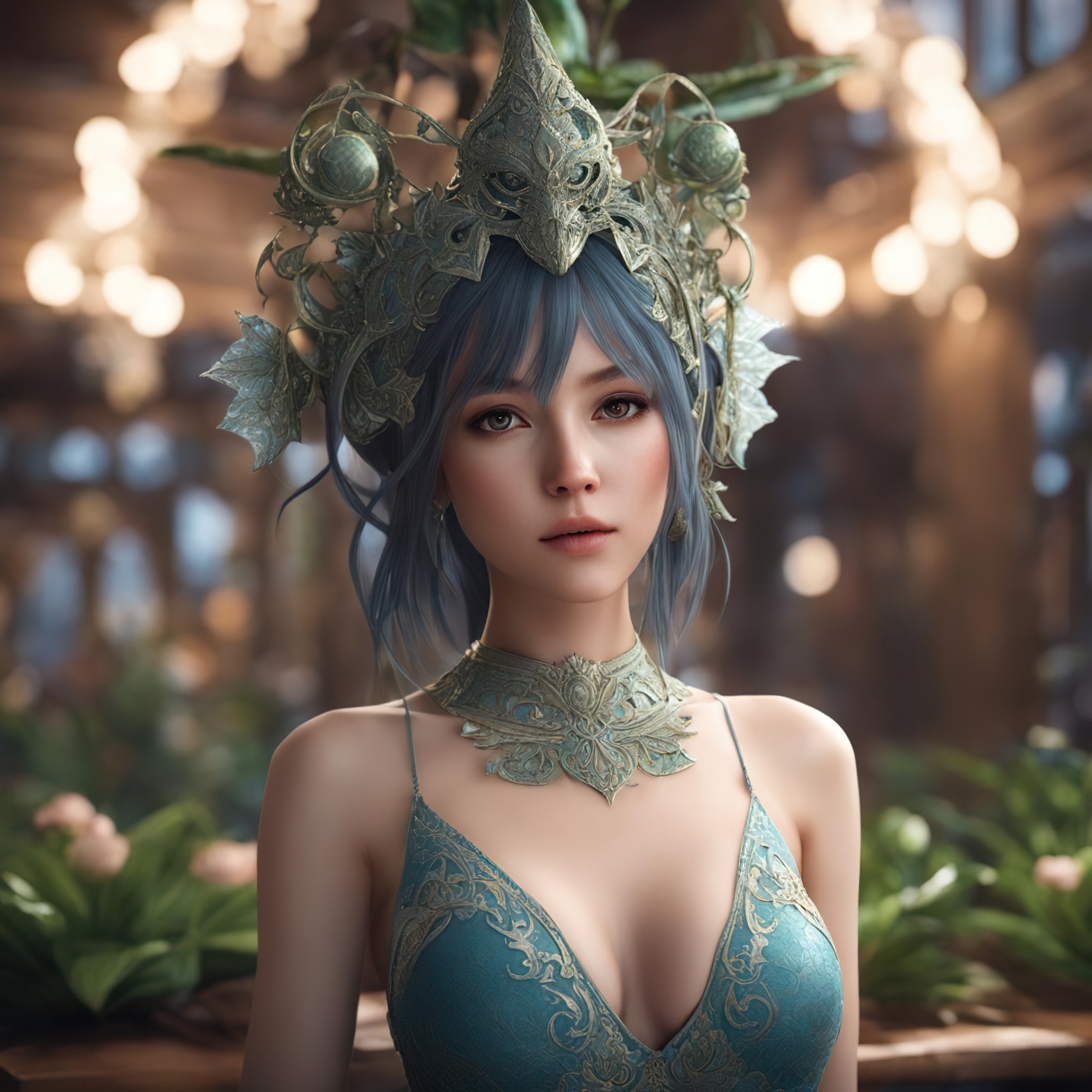 General 1434x1434 Stable Diffusion AI art hair accessories dress cleavage depth of field digital art women Asian looking at viewer leaves