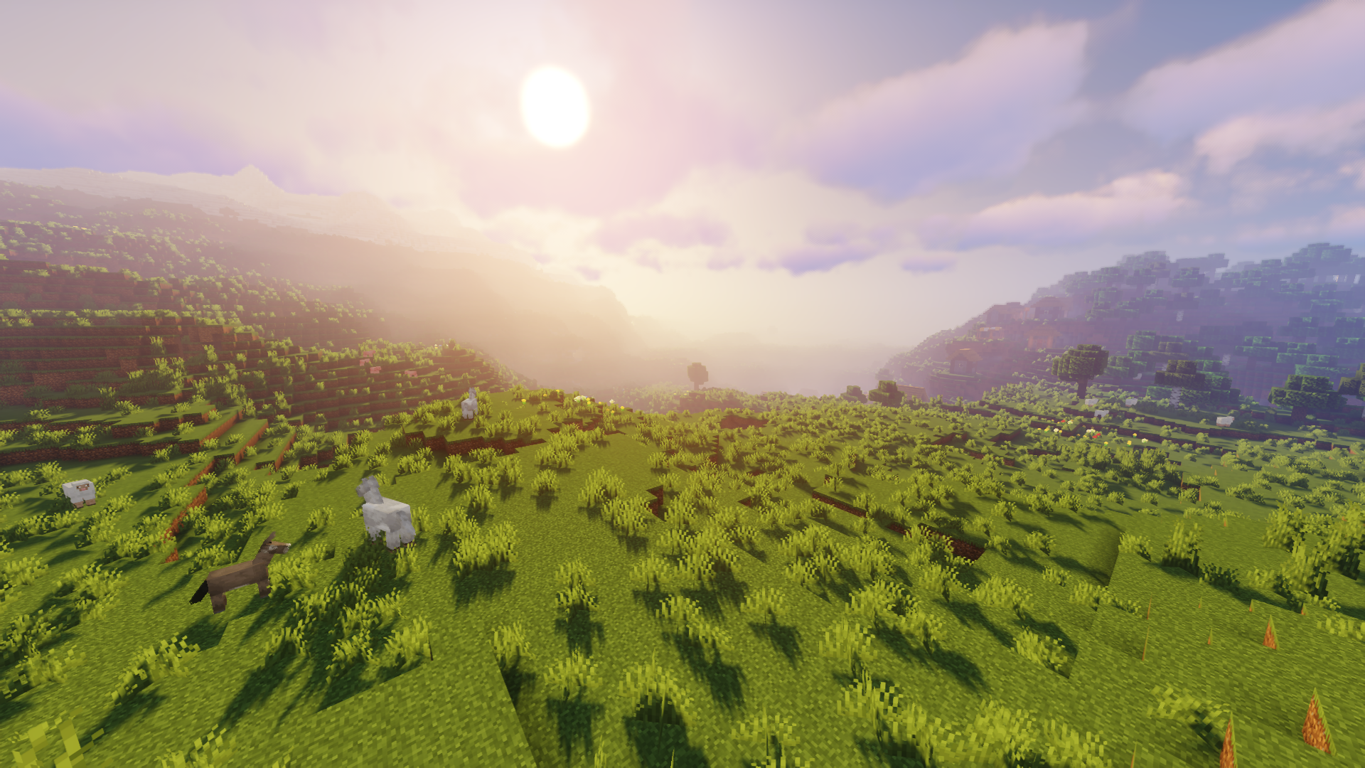 General 1920x1080 Minecraft video games morning mountain top grass sunlight Sun sky clouds cube shaders