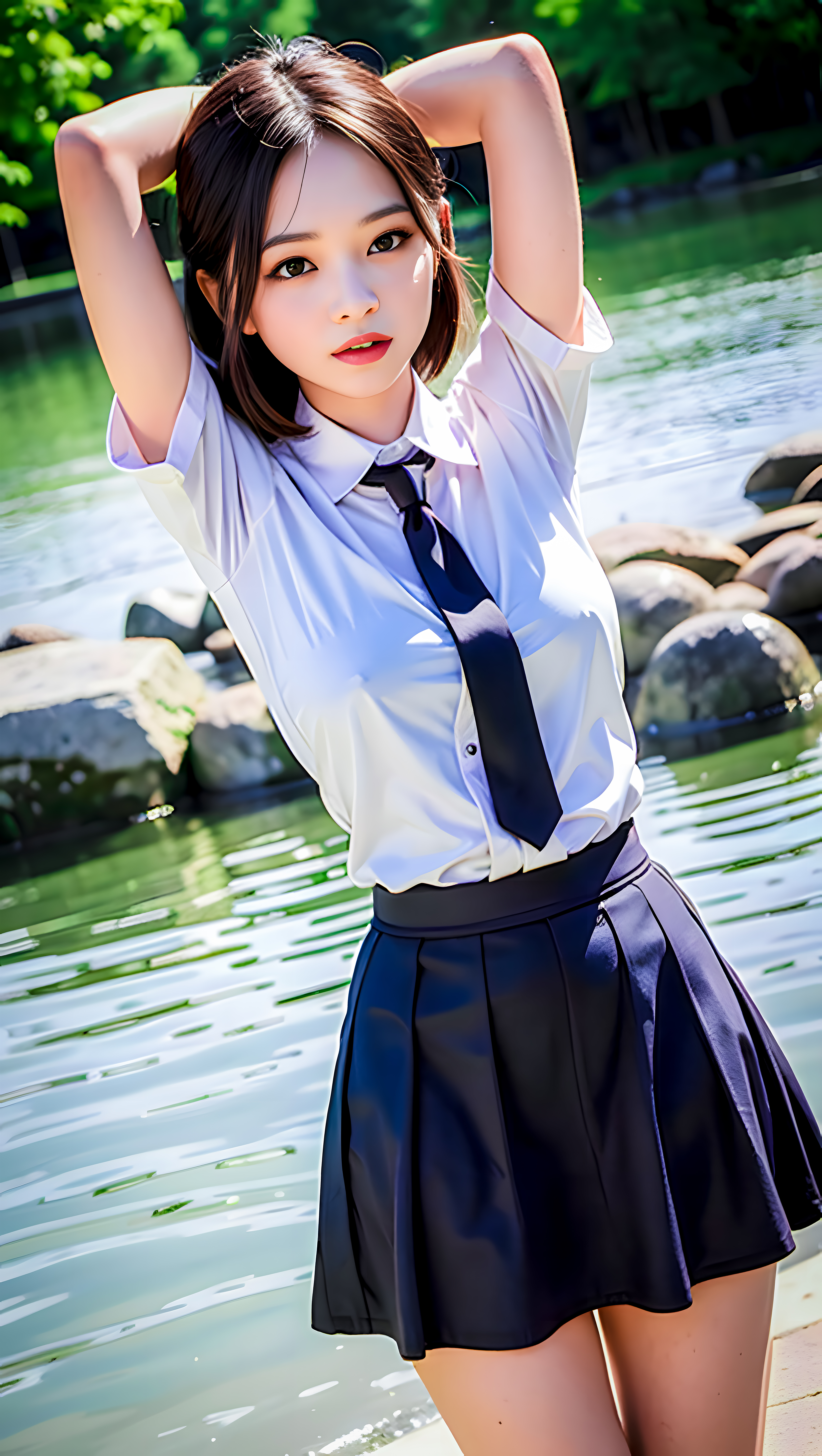 Anime 5376x9523 AI art women schoolgirl Asian portrait display water school uniform rocks looking at viewer tie