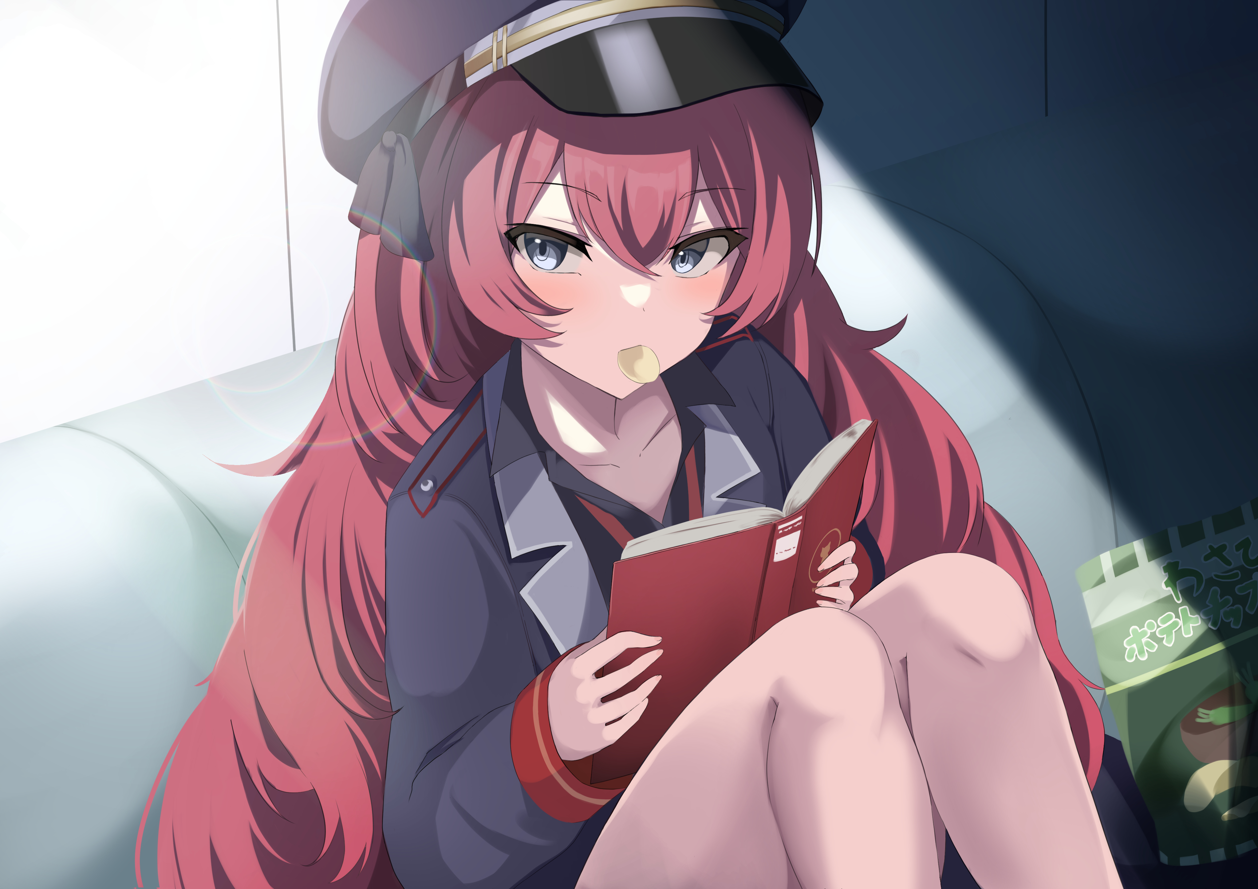 Anime 4093x2894 Blue Archive anime girls Natsume Iroha (Blue Archive) redhead reading eating long hair looking at viewer books hat blue eyes sunlight chips