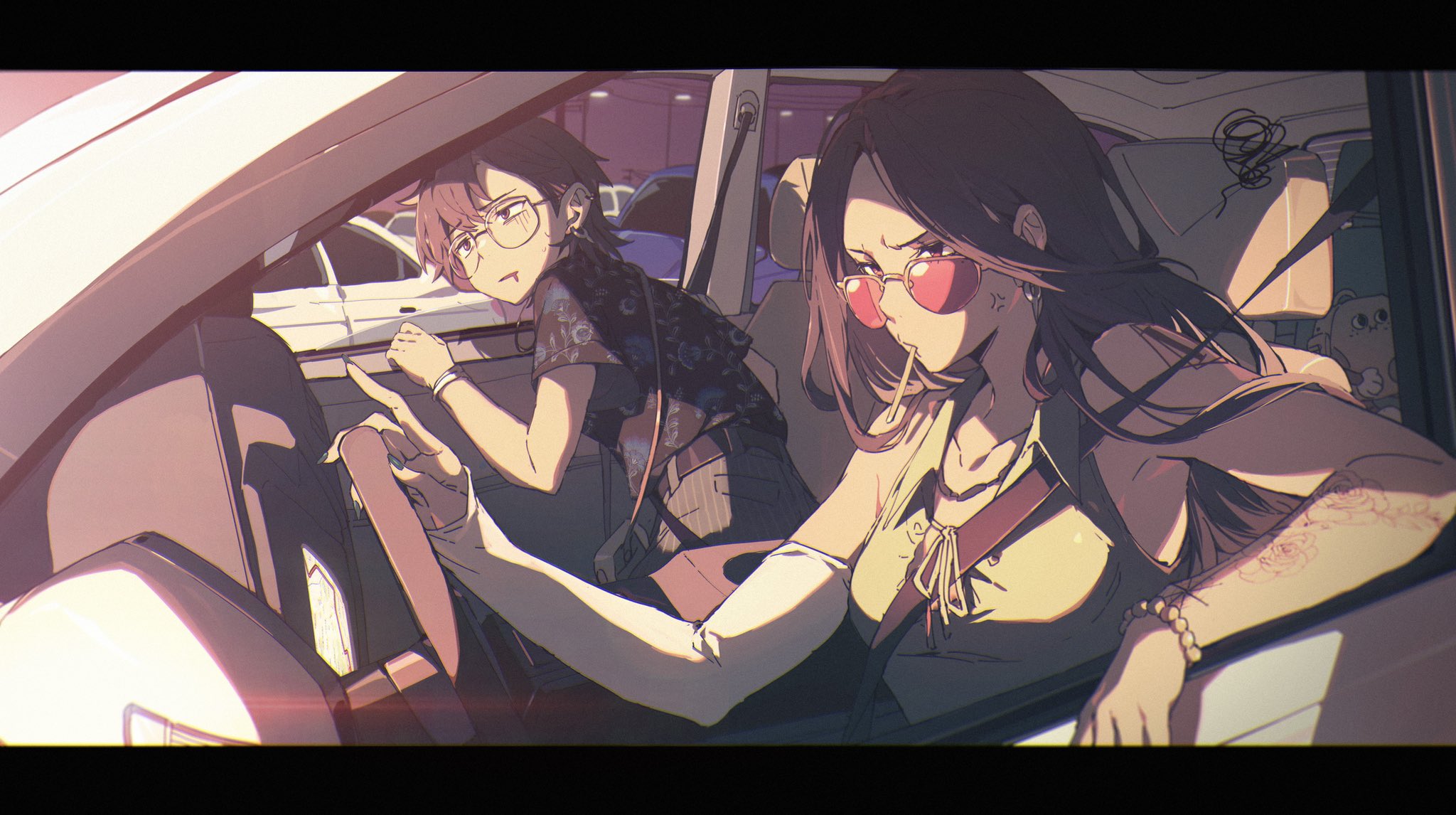 Anime 2048x1146 anime girls car sunglasses angry two women sunlight earring
