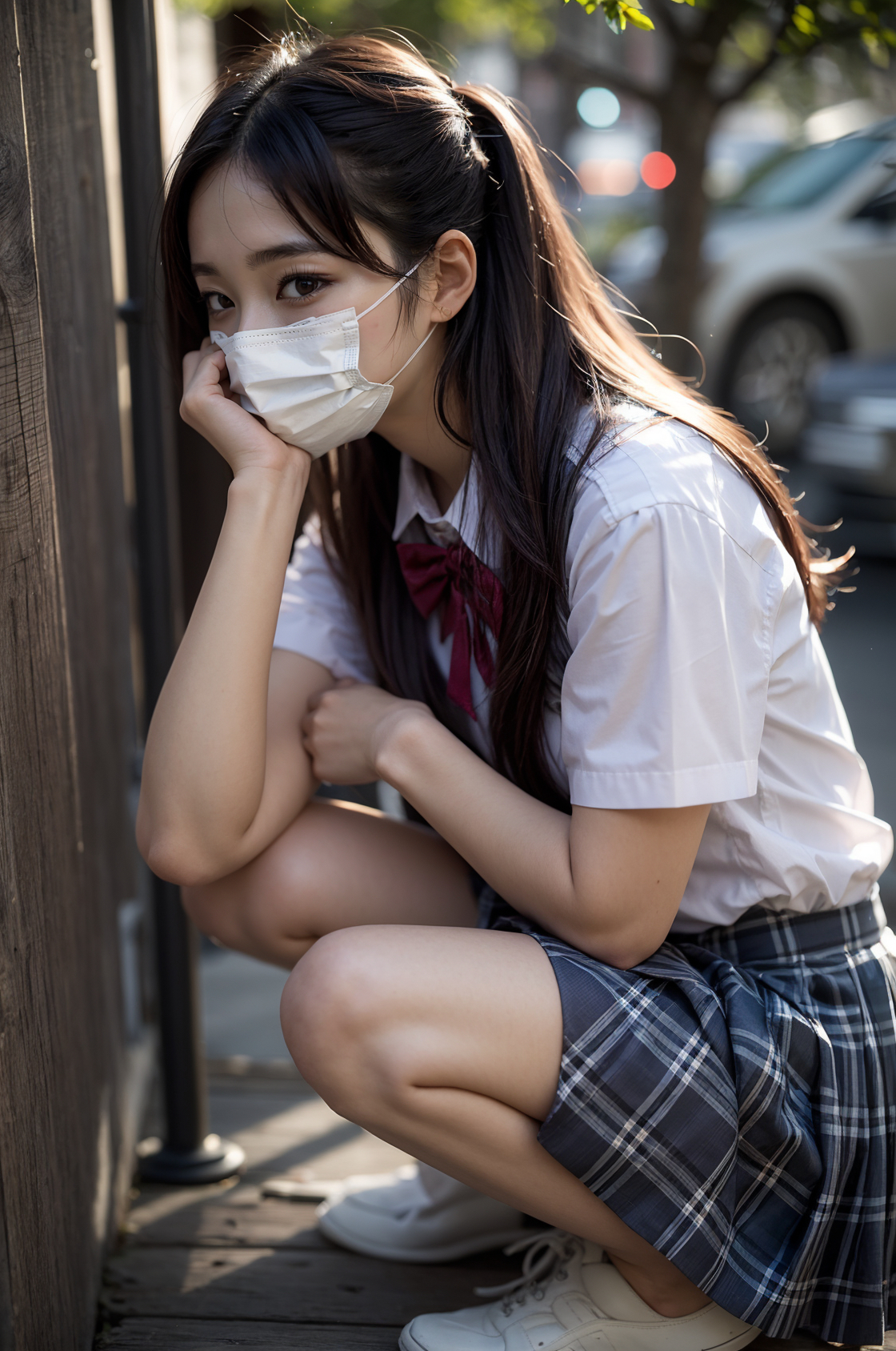 General 1120x1688 AI art schoolgirl school uniform face mask skirt sitting looking at viewer digital art zato1 portrait display squatting mask bow tie Asian